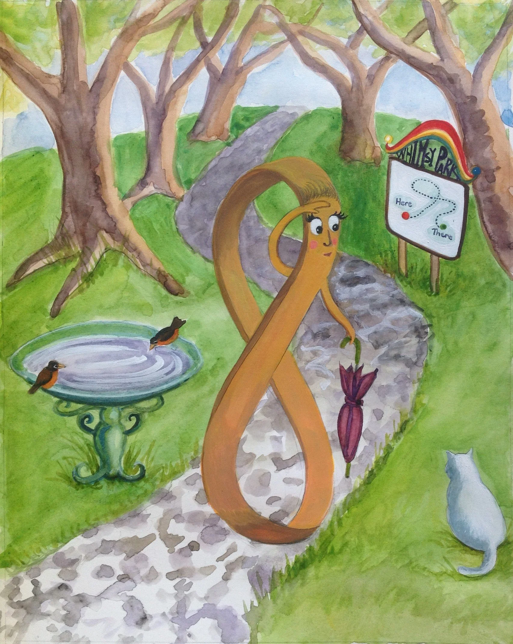 Illustration sample from "While Walking in Whimsy Park," by John S. Green, 2018, Christen Mattix, watercolor.