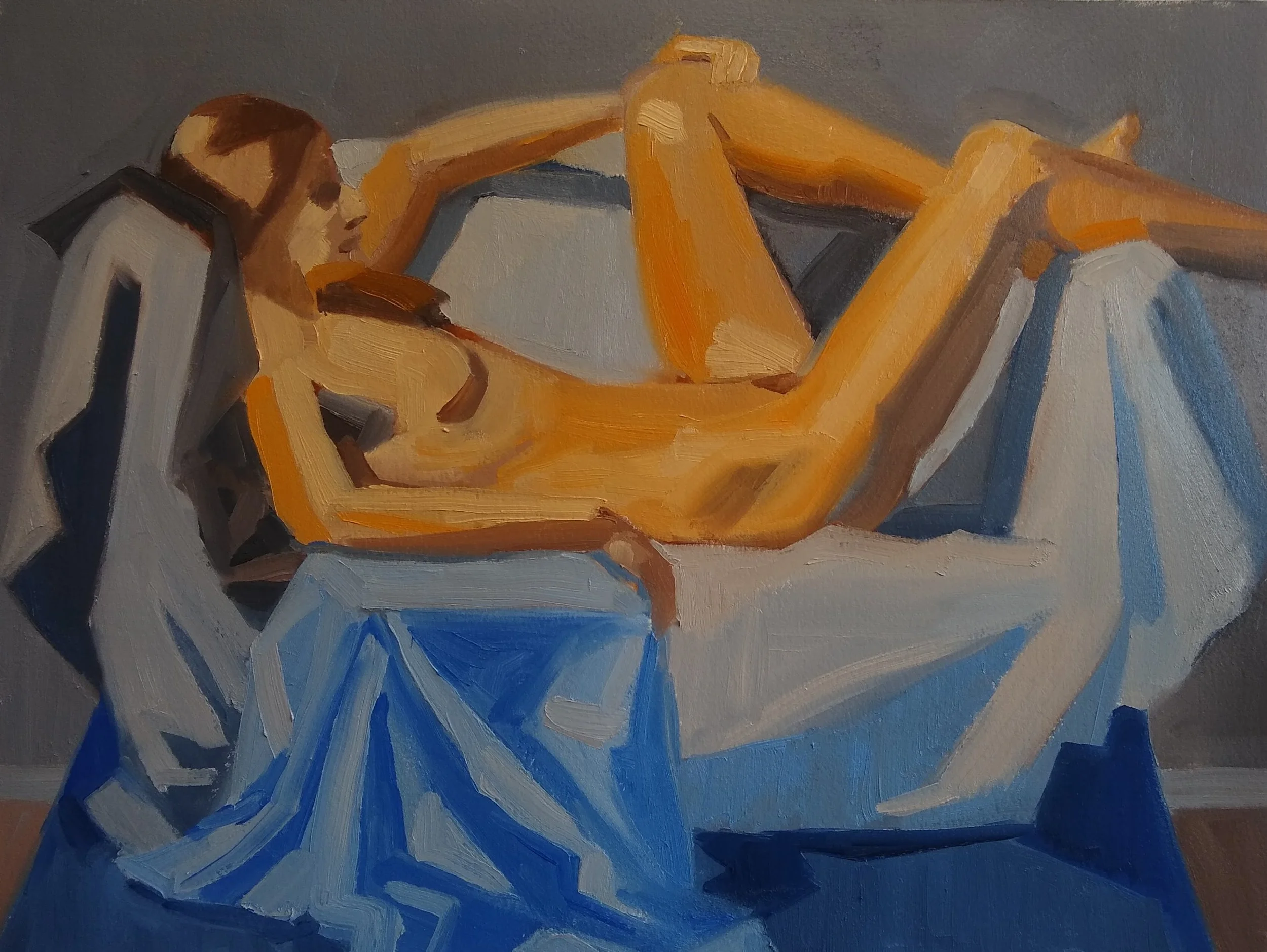 "Nude Woman on Couch in Blue and Orange," 2025, oil on canvas, 12 x 16 inches, $500, Available