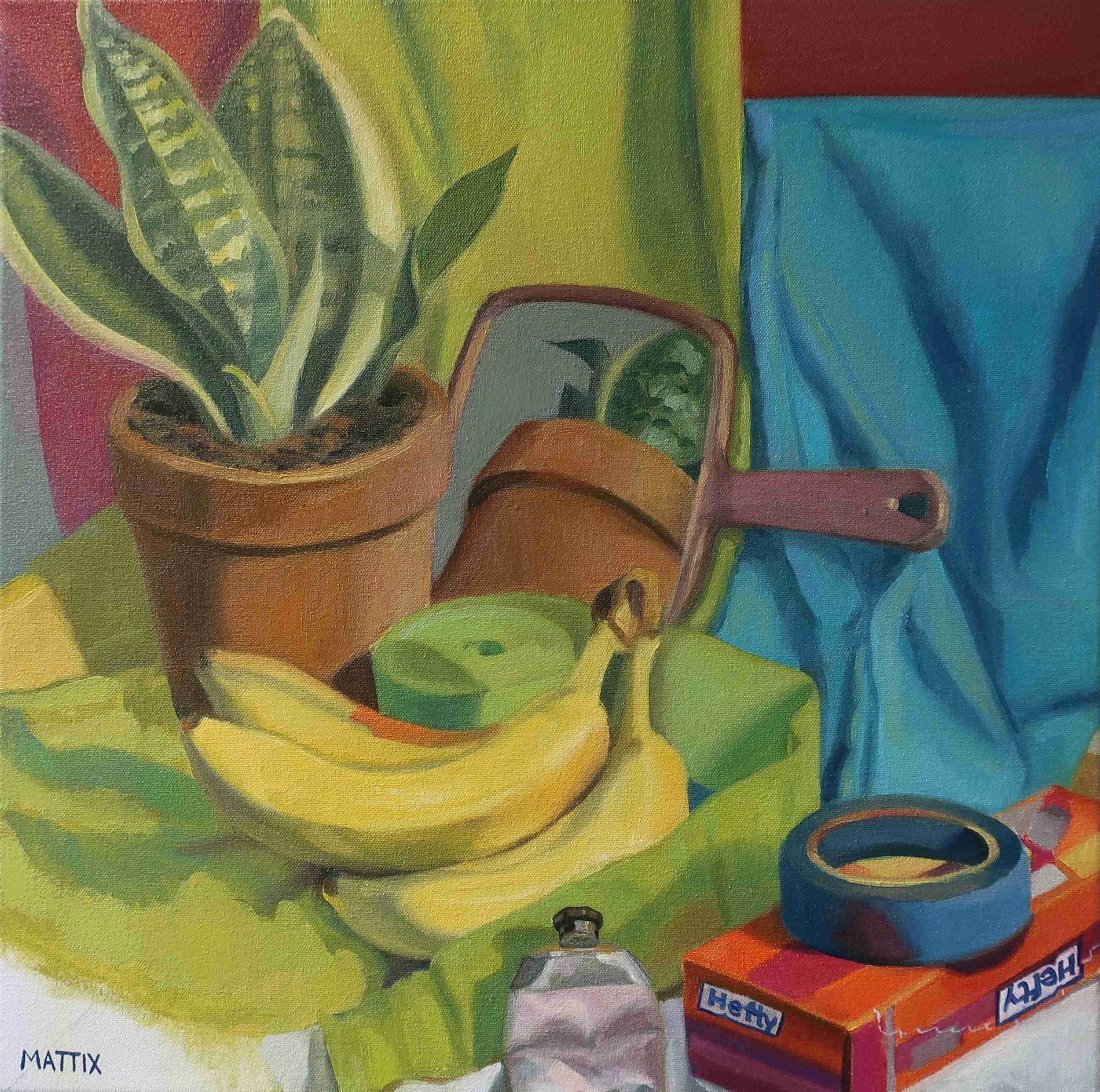 "Still Life With Mirror," 2023, oil on canvas, 16 x 16 inches, $500, Available