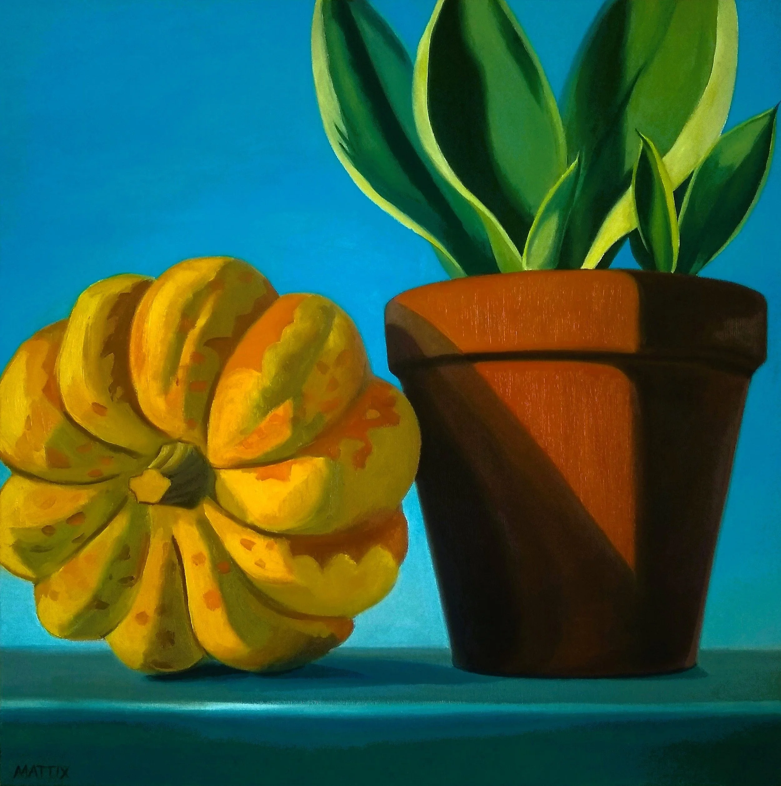 "Carnival Squash and Snake Plant," 2026, Mattix, oil on canvas, 20 x 20 inches, $800, Available