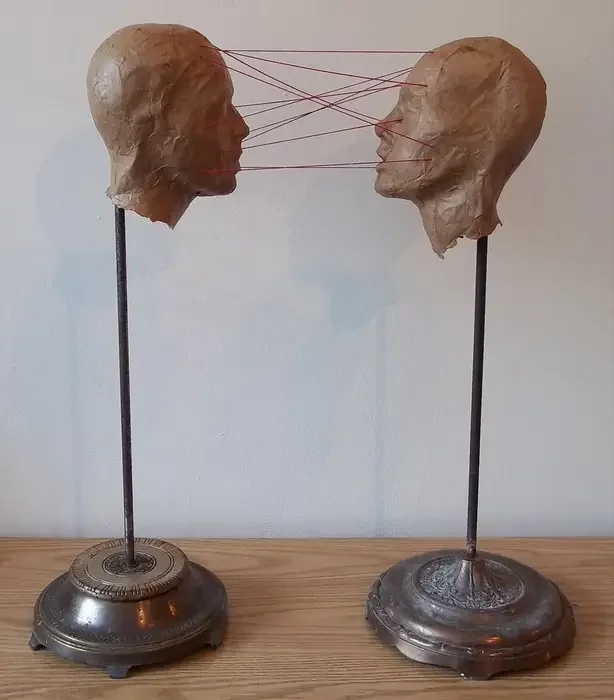 "Conversation" 2010, vintage lampstands, paper mache and wool, 30 x 28 x 4.5 inches