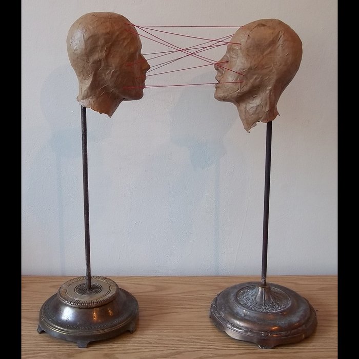 "Conversation" 2010, vintage lampstands, paper mache and wool, 30 x 28 x 4.5 inches