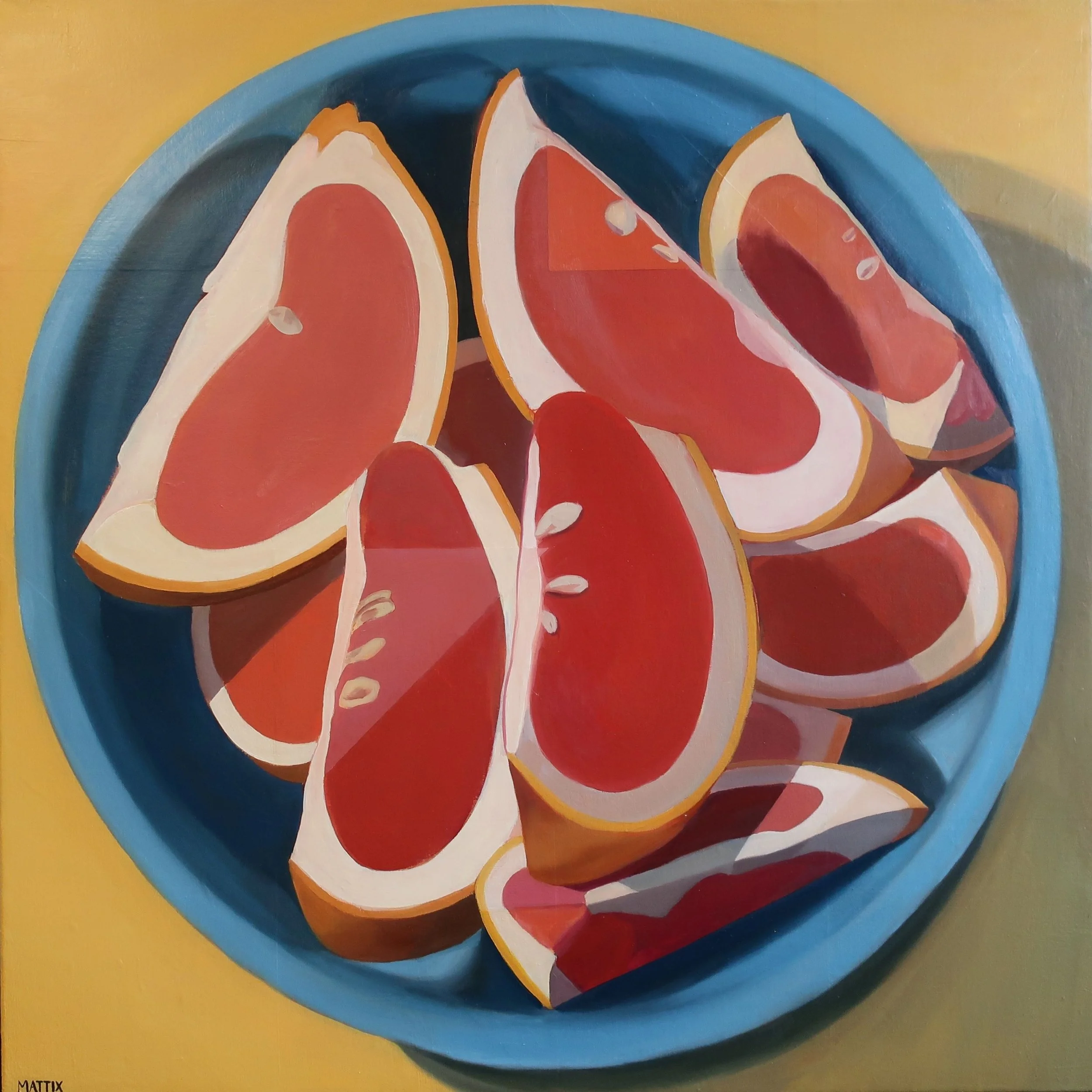 "Grapefruit in a Blue Bowl," 2023, Mattix, 36 x 36 inches, oil on canvas, sold