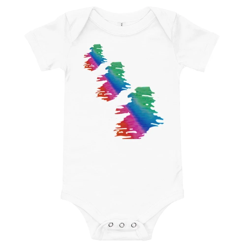 Baby short sleeve one piece with rainbow scribbles against white fabric!