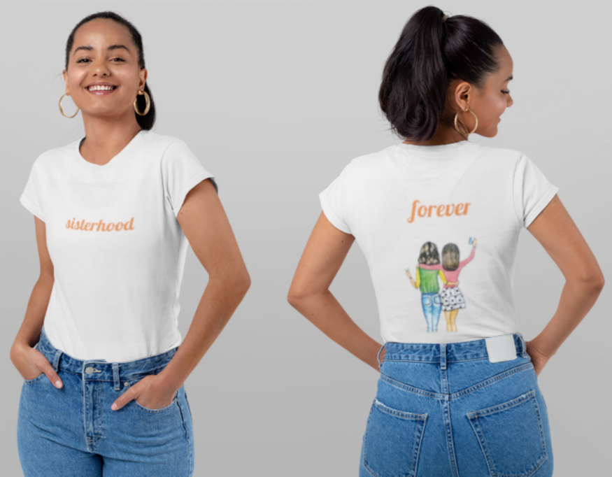 Sisters taking a selfie in cute colorful clothing and their arms around each other on the back and Sisterhood printed in orange on the front of this comfortable white t-shirt.