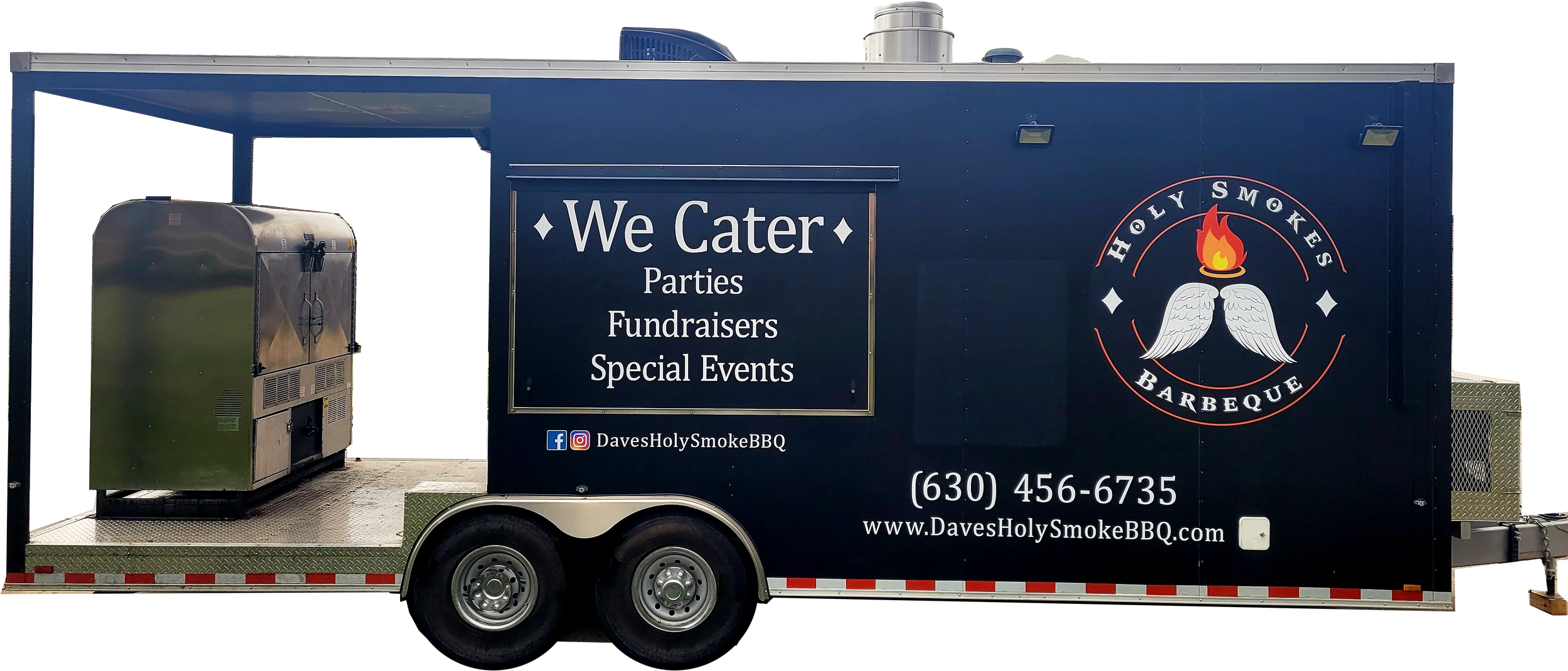 Food truck advertisement for Holy Smoke Barbecue featuring a logo with a flame and wings, text indicating catering for parties, fundraisers, and special events, contact number, website, and social media icons.