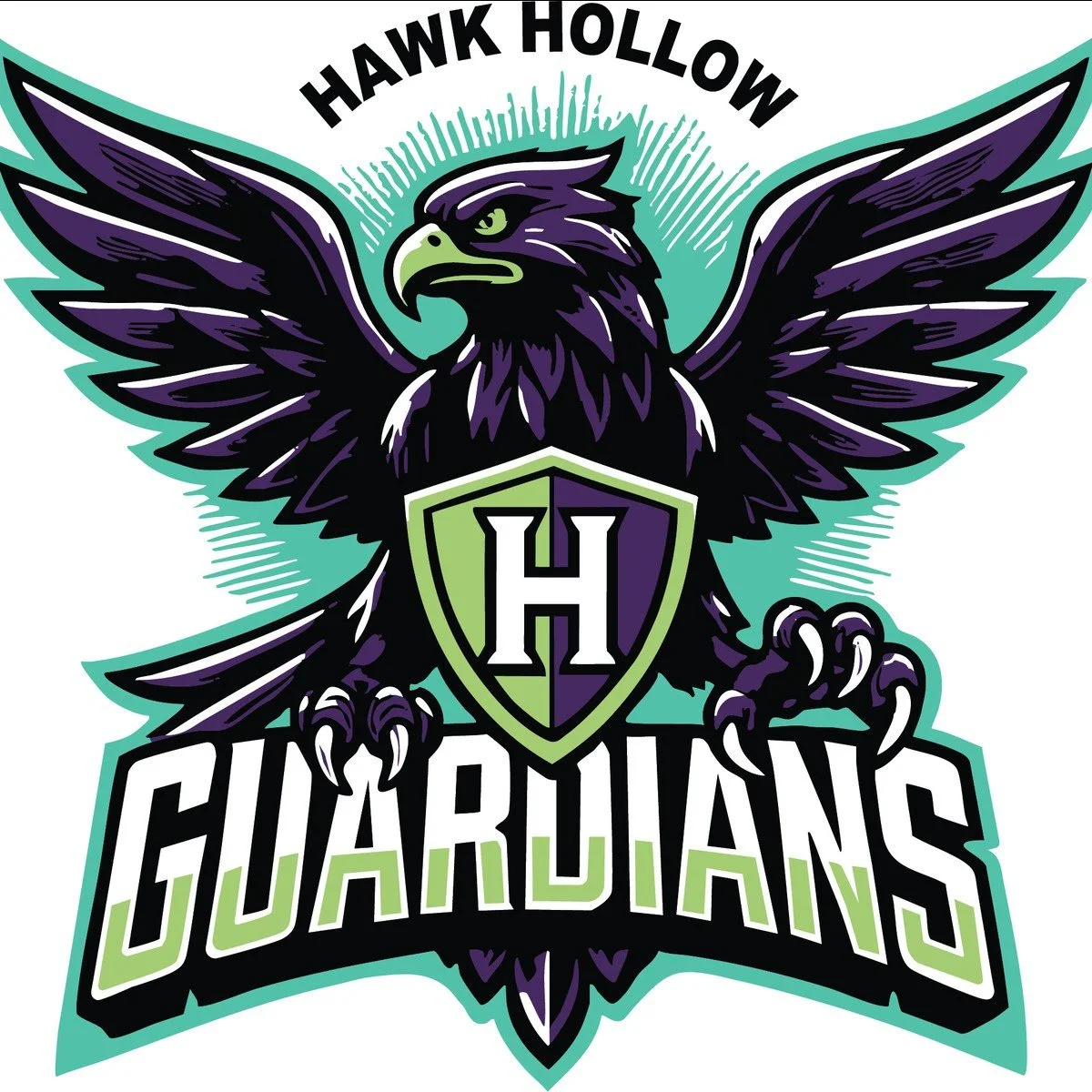 Logo of a black and purple hawk with green accents, wings spread, holding a shield with a large letter H, with the words 'Hawk Hollow Guardians' around it.