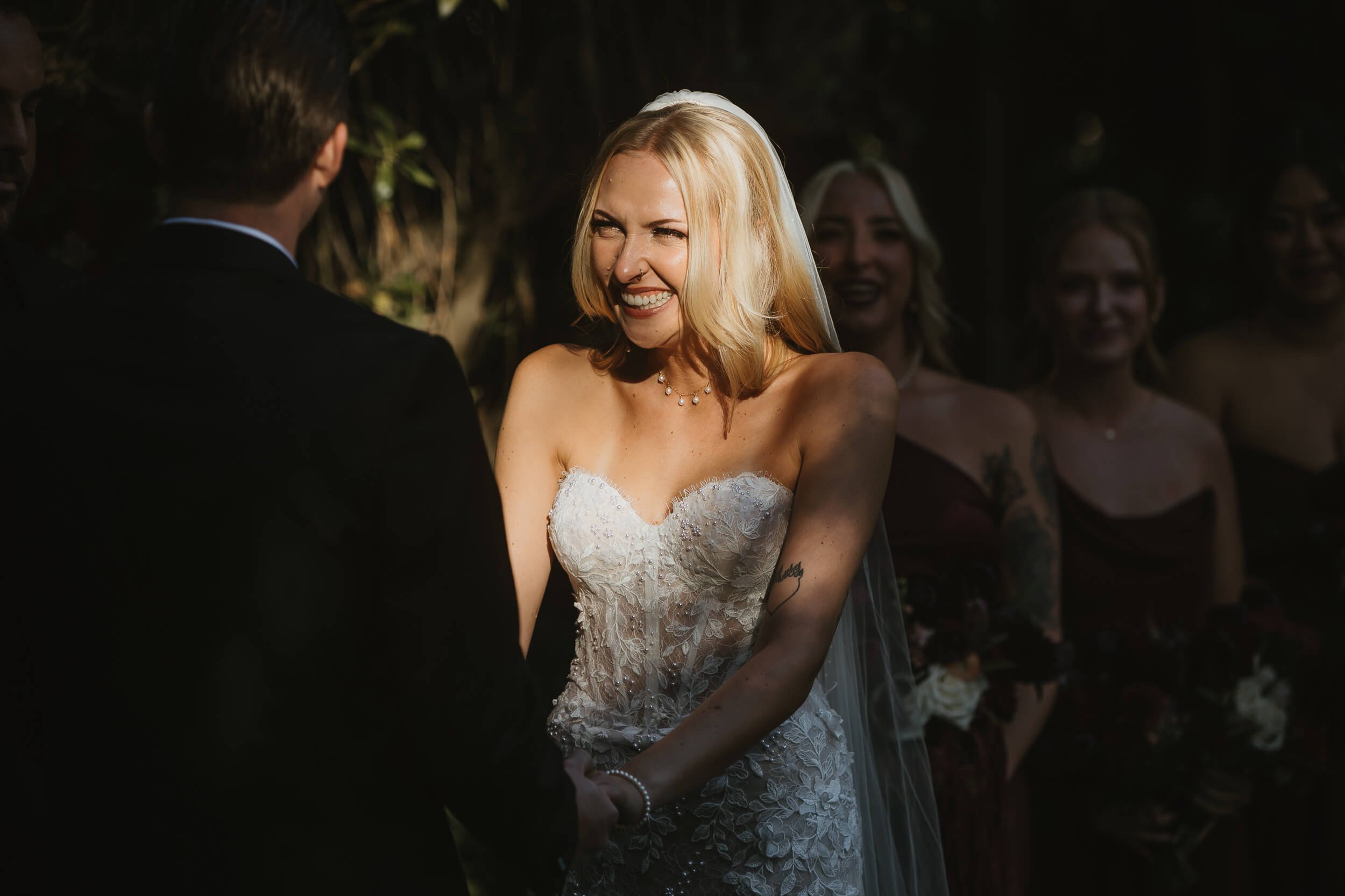 Emotional bride during Twin Oaks House & Gardens Estate Wedding ceremony