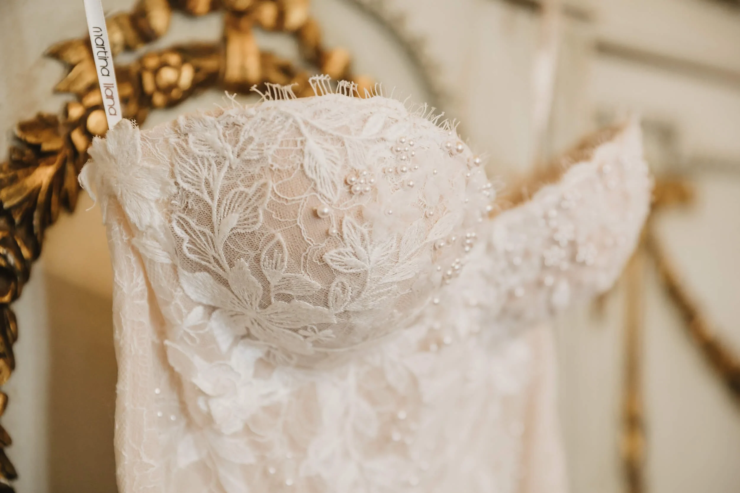 Bridal gown close up at Twin Oaks House & Gardens Estate Wedding venue