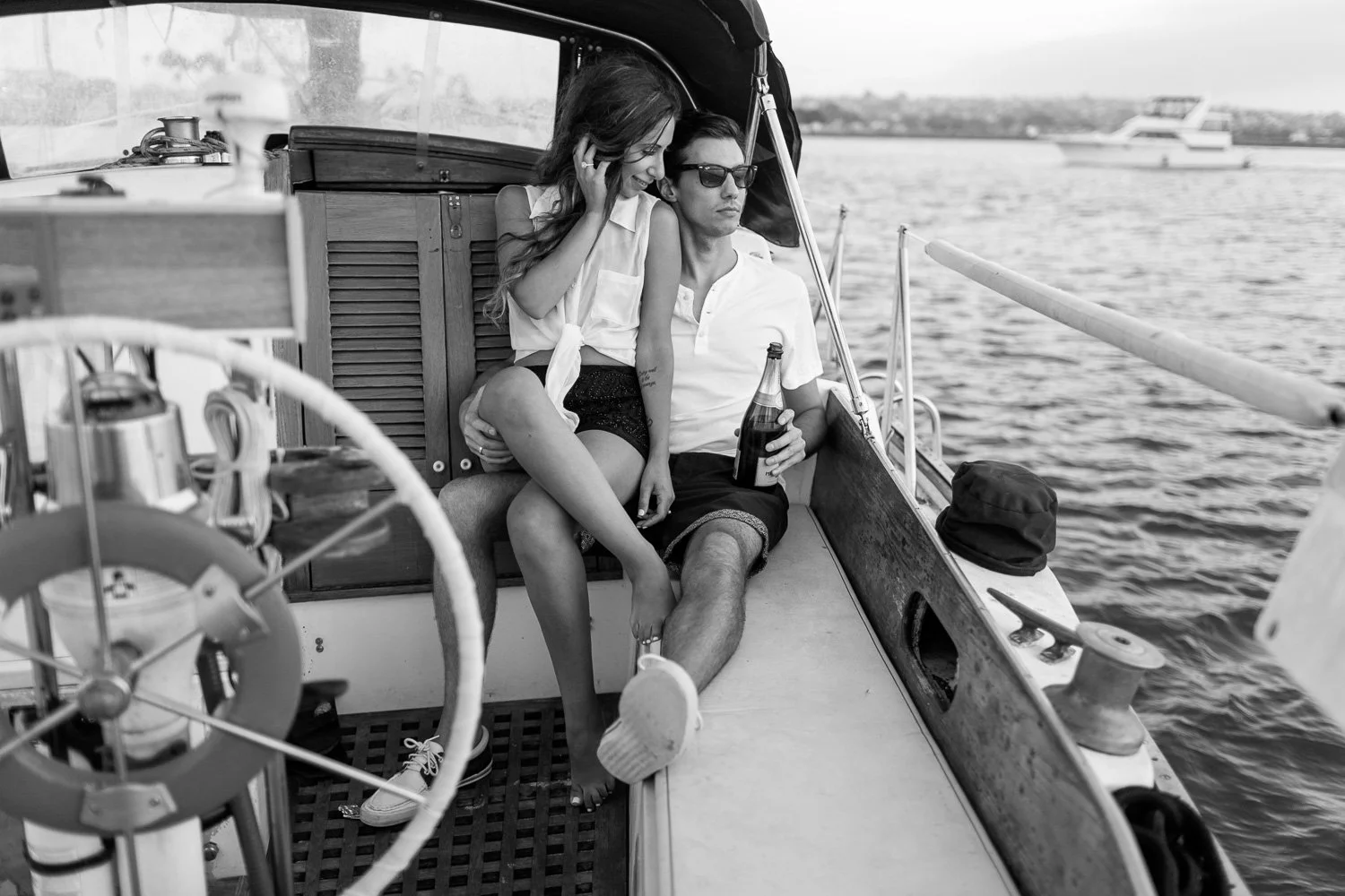 Couple on boat for La Jolla Wedding & Engagement Photo session