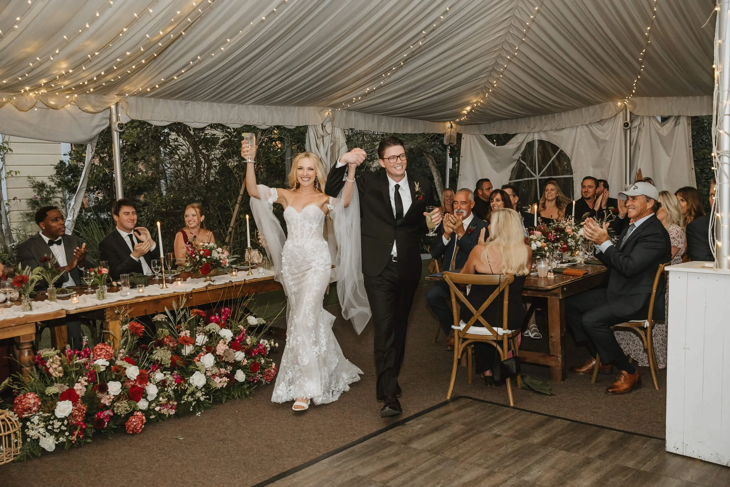 Wedding reception entrance at Twin Oaks House & Gardens Estate Wedding photographed by Carlsbad wedding photographer
