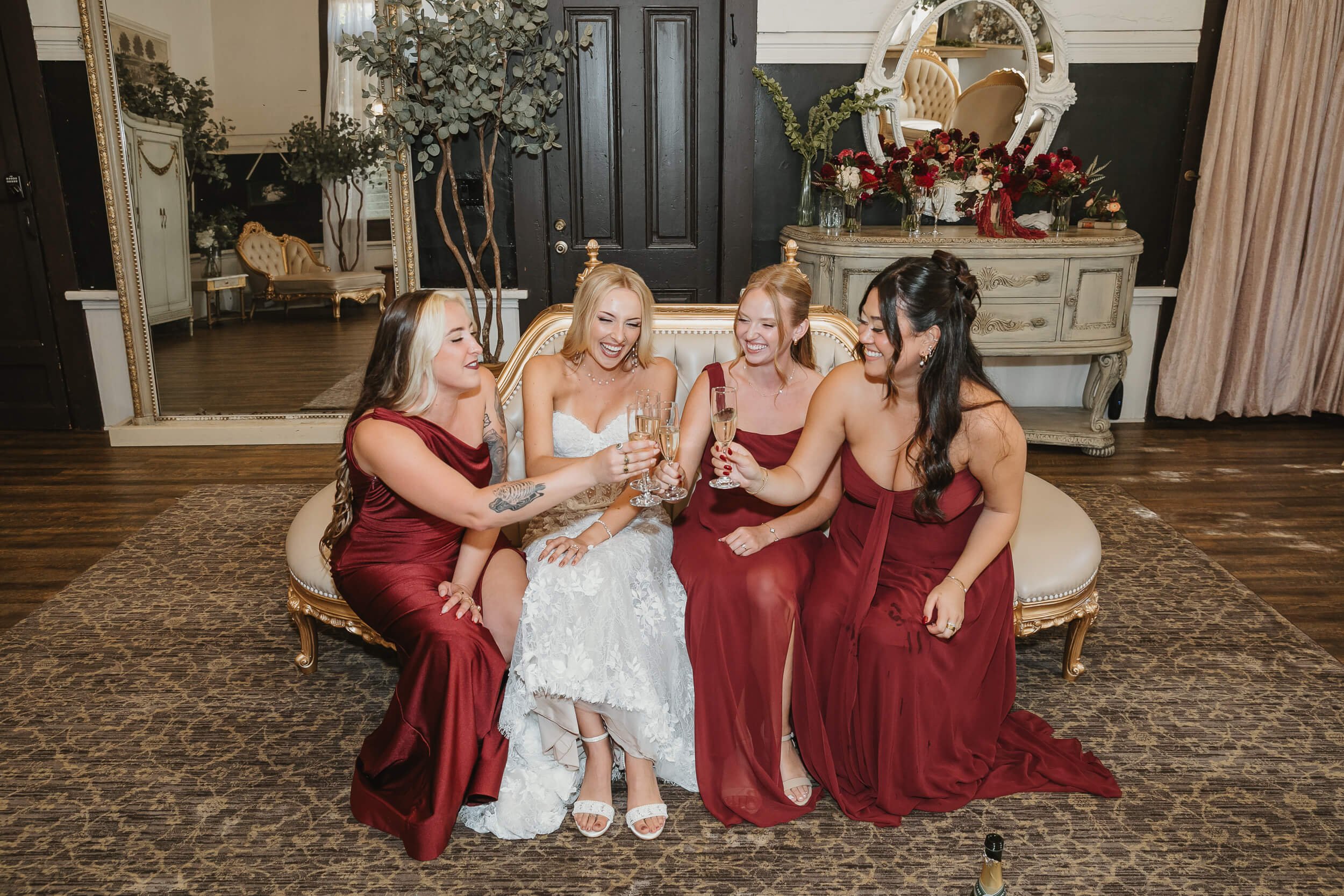 Bridesmaids champagne toast at Twin Oaks House & Gardens Estate Wedding