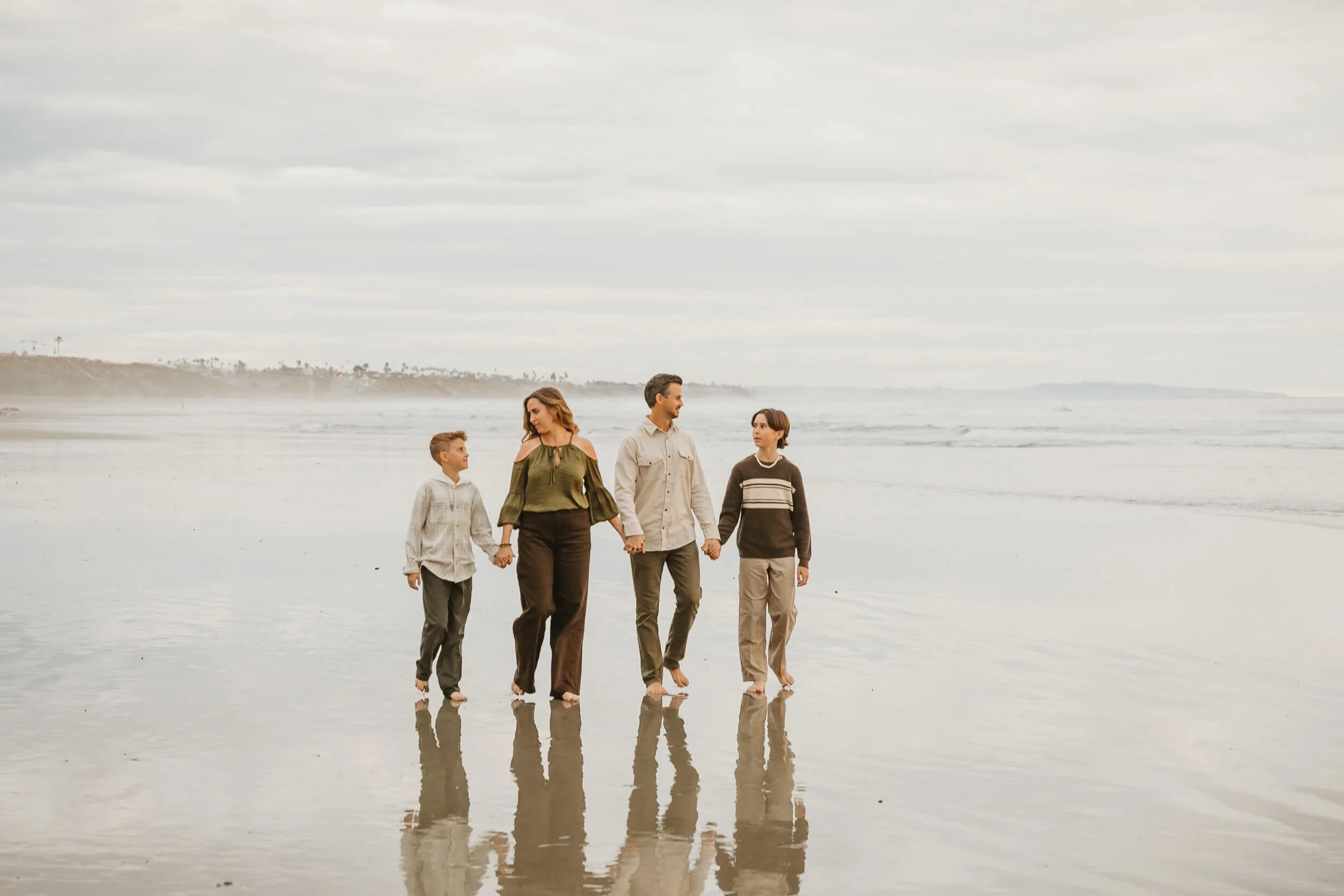 Family walking along the shoreline during a relaxed Carlsbad Beach Family Photography Session