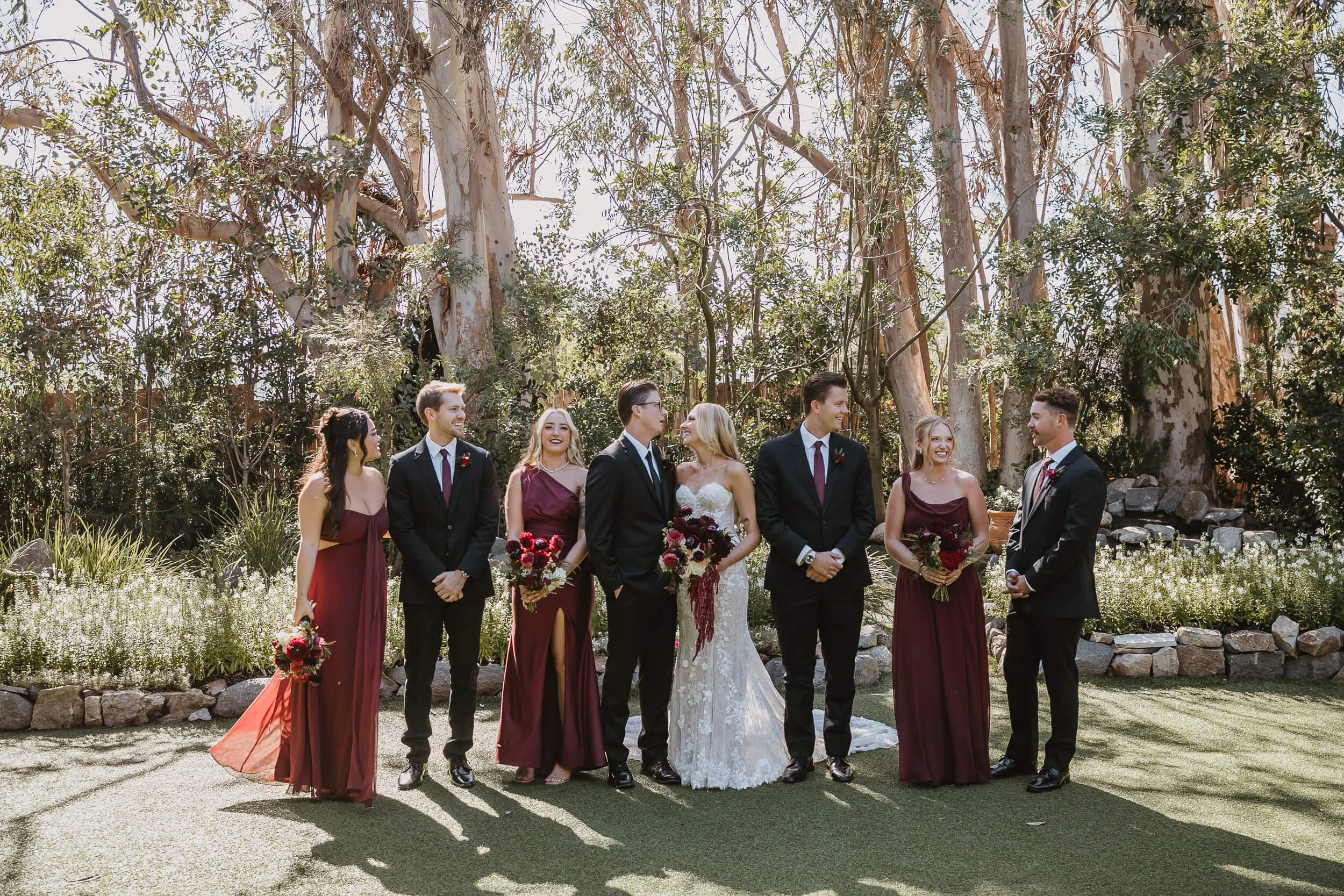 Bridesmaids and groomsmen portrait at Twin Oaks House & Gardens Estate Wedding in San Marcos