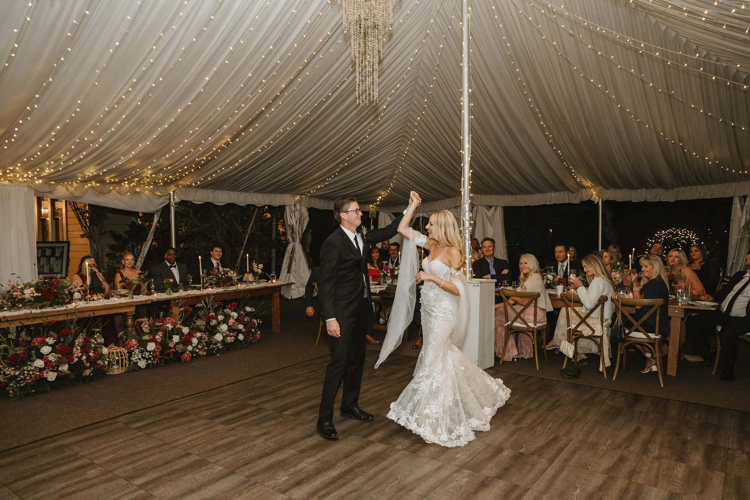 Bride and groom dancing during reception at Twin Oaks House & Gardens Estate Wedding