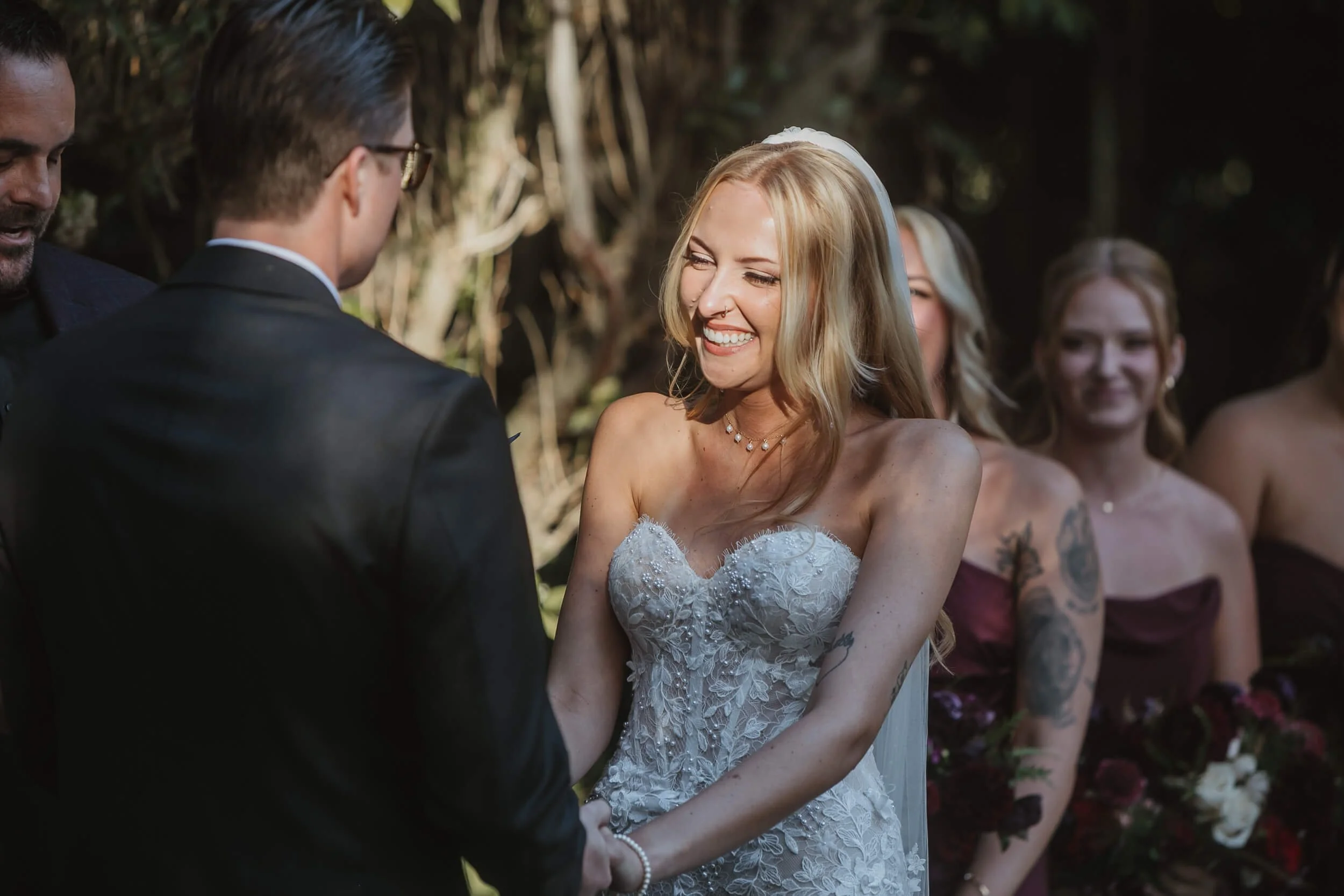 Emotional bride during Twin Oaks House & Gardens Estate Wedding in San Marcos