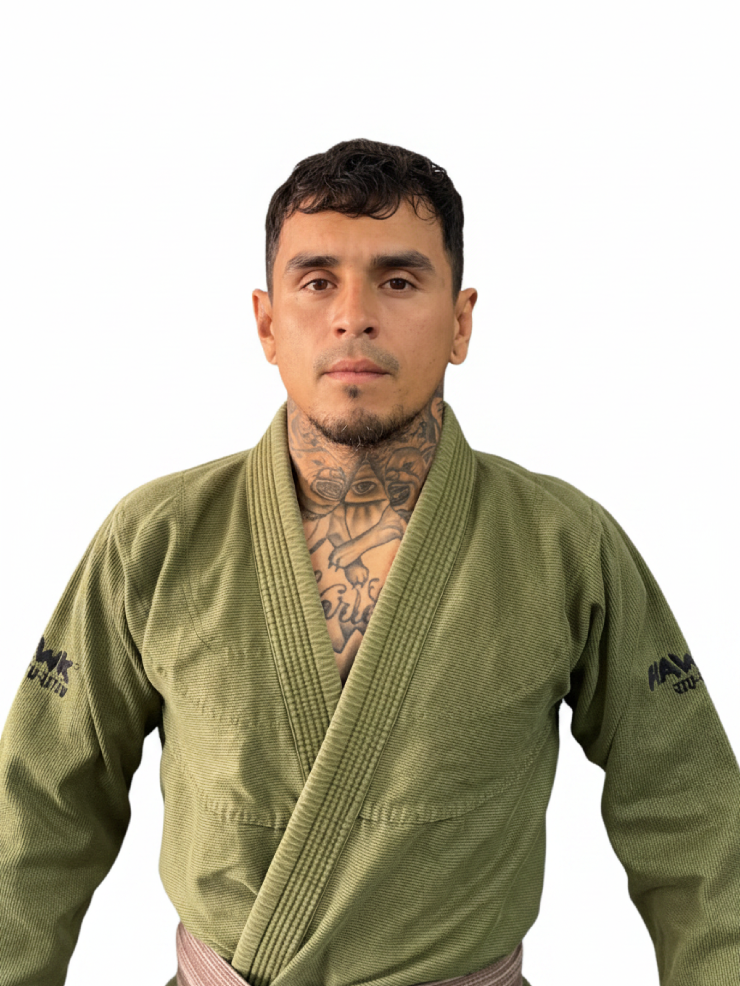 A young man with dark, wet hair and tattoos on his neck and chest, wearing a black martial arts gi with a Swisher Sweets logo, looking directly at the camera with a serious expression.