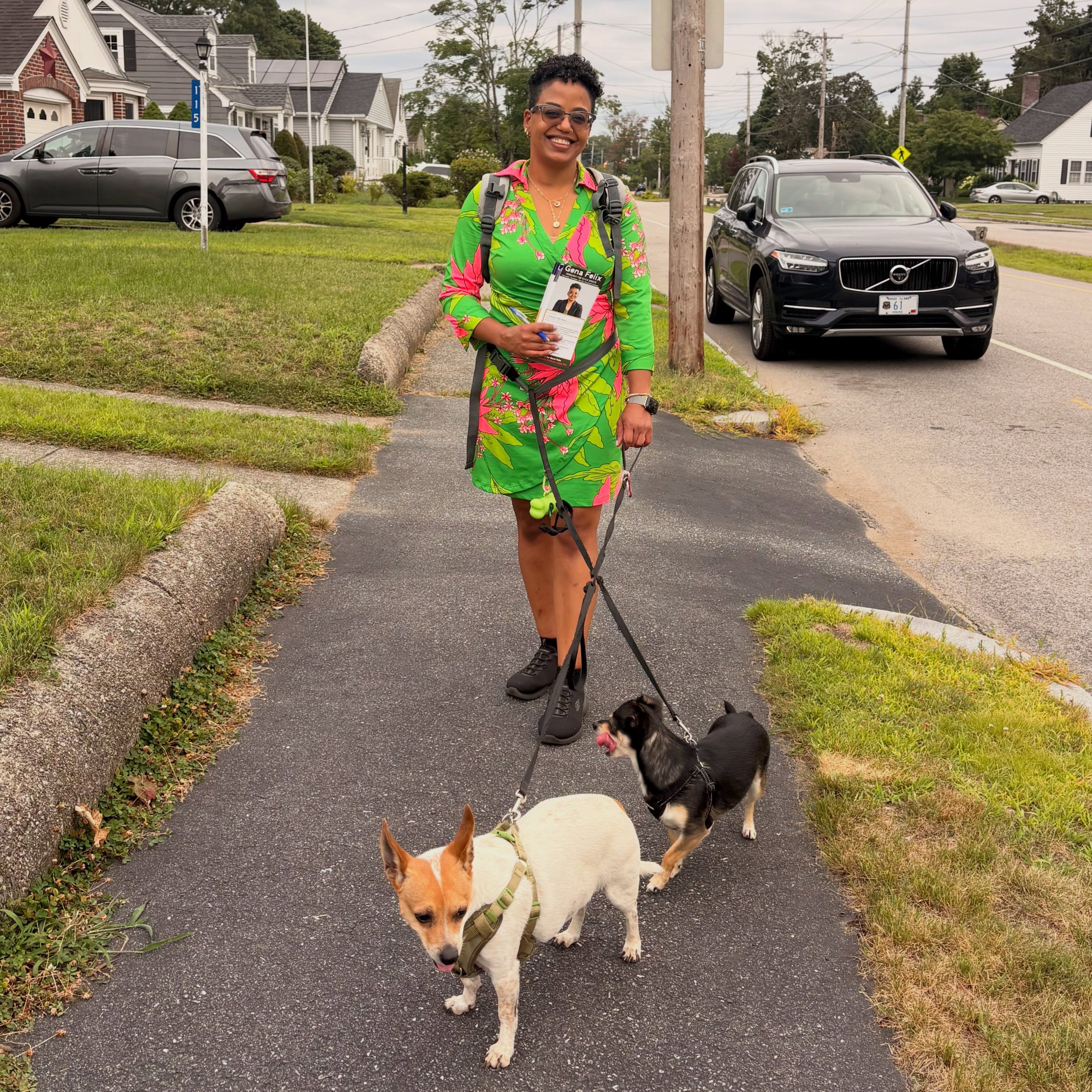 After a long day at work, we laced up our sneakers, grabbed our literature, and headed out with our two favorite campaign volunteers&mdash;Nena and Chiquita 🐾&mdash;to knock on doors and talk with our neighbors about the upcoming Democratic primary 