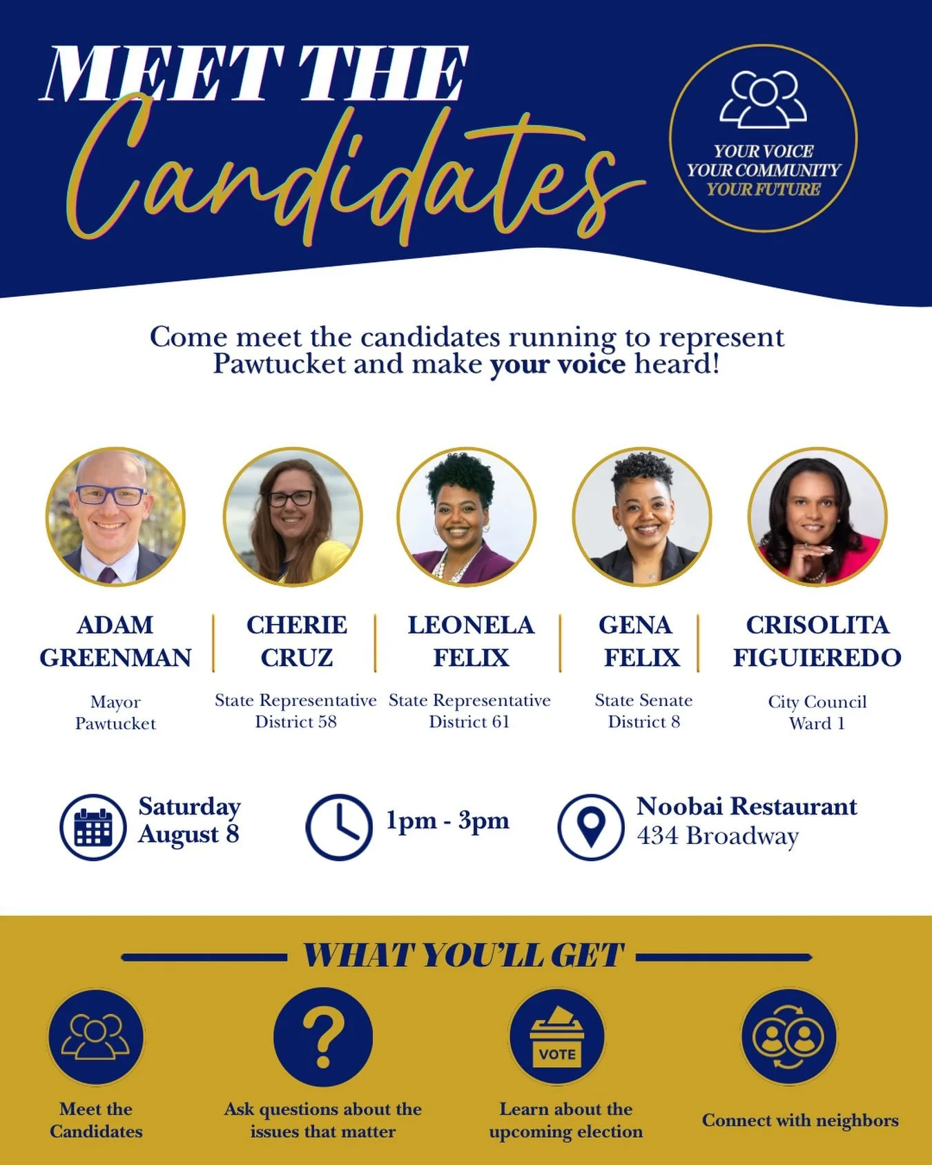 Join us today from 1-3pm at @noobairestaurant (434 Broadway) for a meet and greet with some of the candidates running in Pawtucket! There will be light refreshments and tons of great conversation with neighbors about the issues they care the most. Do