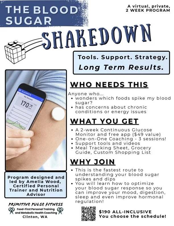 Flyer for 'Blood Sugar Shakedown,' a blood sugar management program offering tools, support, and strategy for long-term results, by using a 2-week continuous glucose monitor.