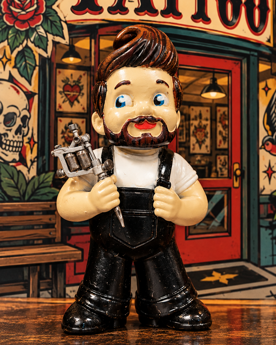 A vinyl figurine of a man with brown hair, beard, red lips, wearing black overalls and a white shirt, holding a tattoo machine, standing in front of a tattoo shop with tattoo art and skulls on the wall.