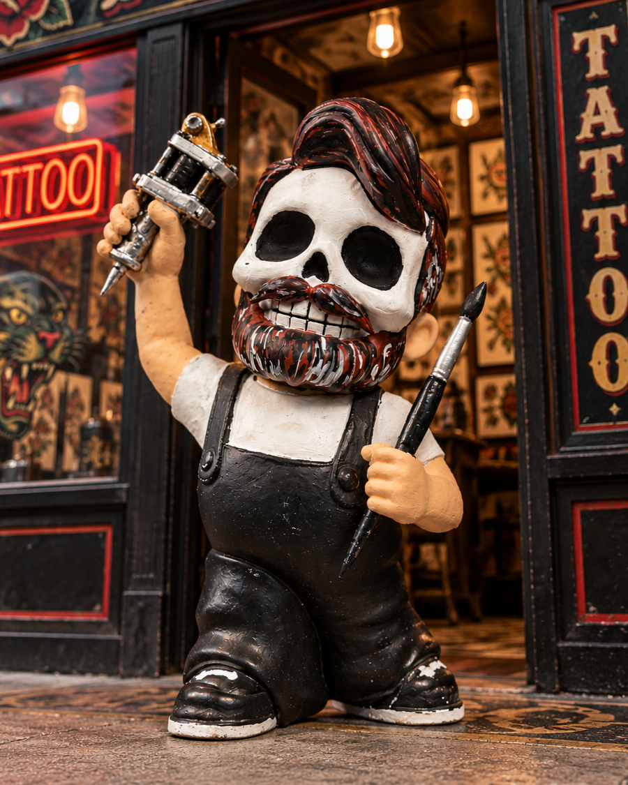 A Halloween-themed statue of a character with a skull face, beard, and mustache, wearing overalls and boots, holding a tattoo machine in one hand and a tattoo needle in the other, outside a tattoo shop.