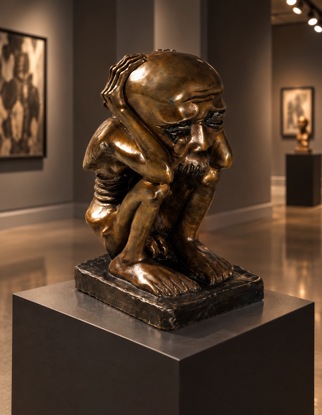 A bronze sculpture of a person crouching with their head resting on their hands, displayed on a pedestal inside an art gallery.