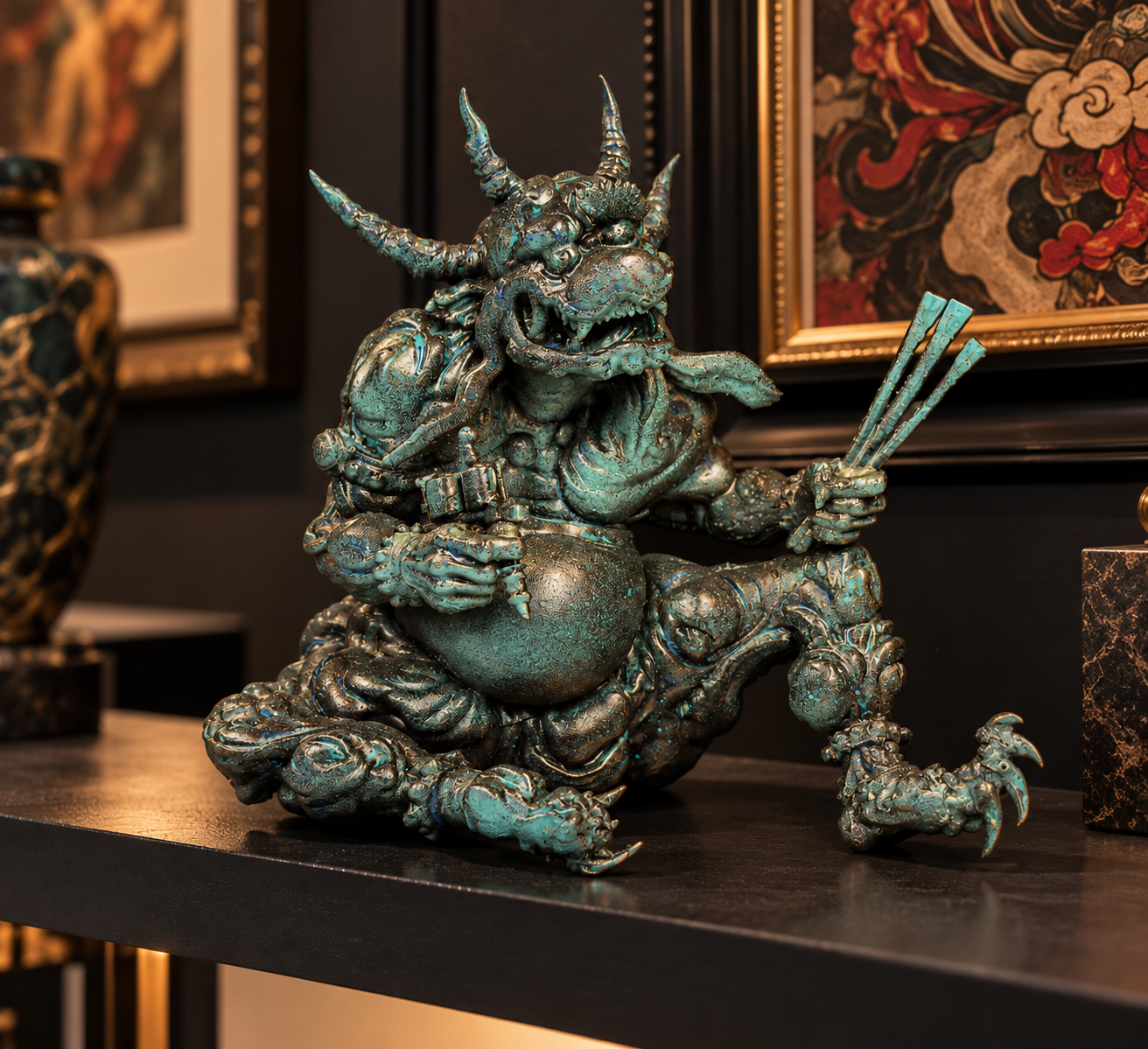A detailed bronze sculpture of a mythical creature with a dragon-like face, horns, and a dragon body, holding three chopsticks, positioned on a black table with framed Asian artwork in the background.