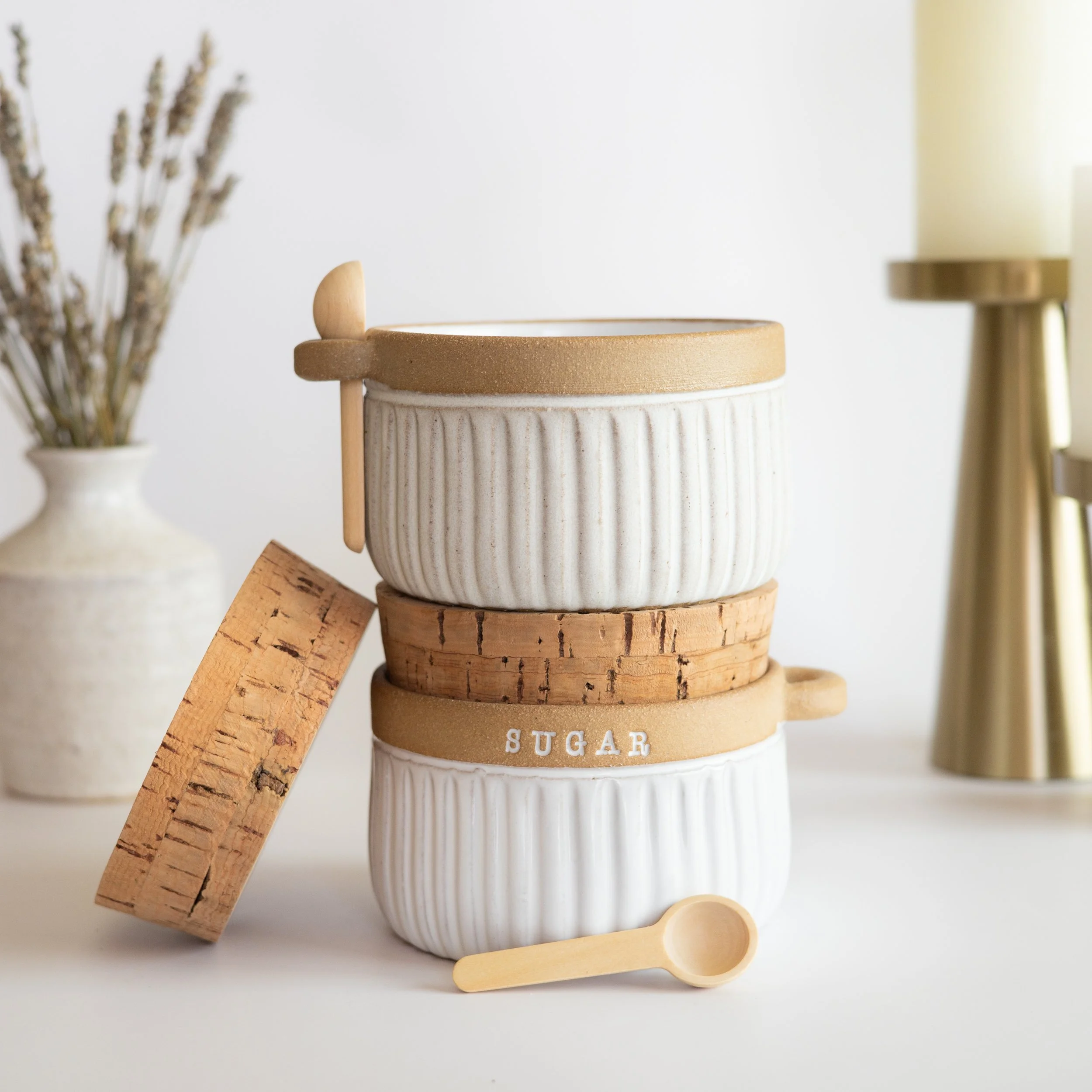 Fluted Corked Sugar Jar With Spoon Holder