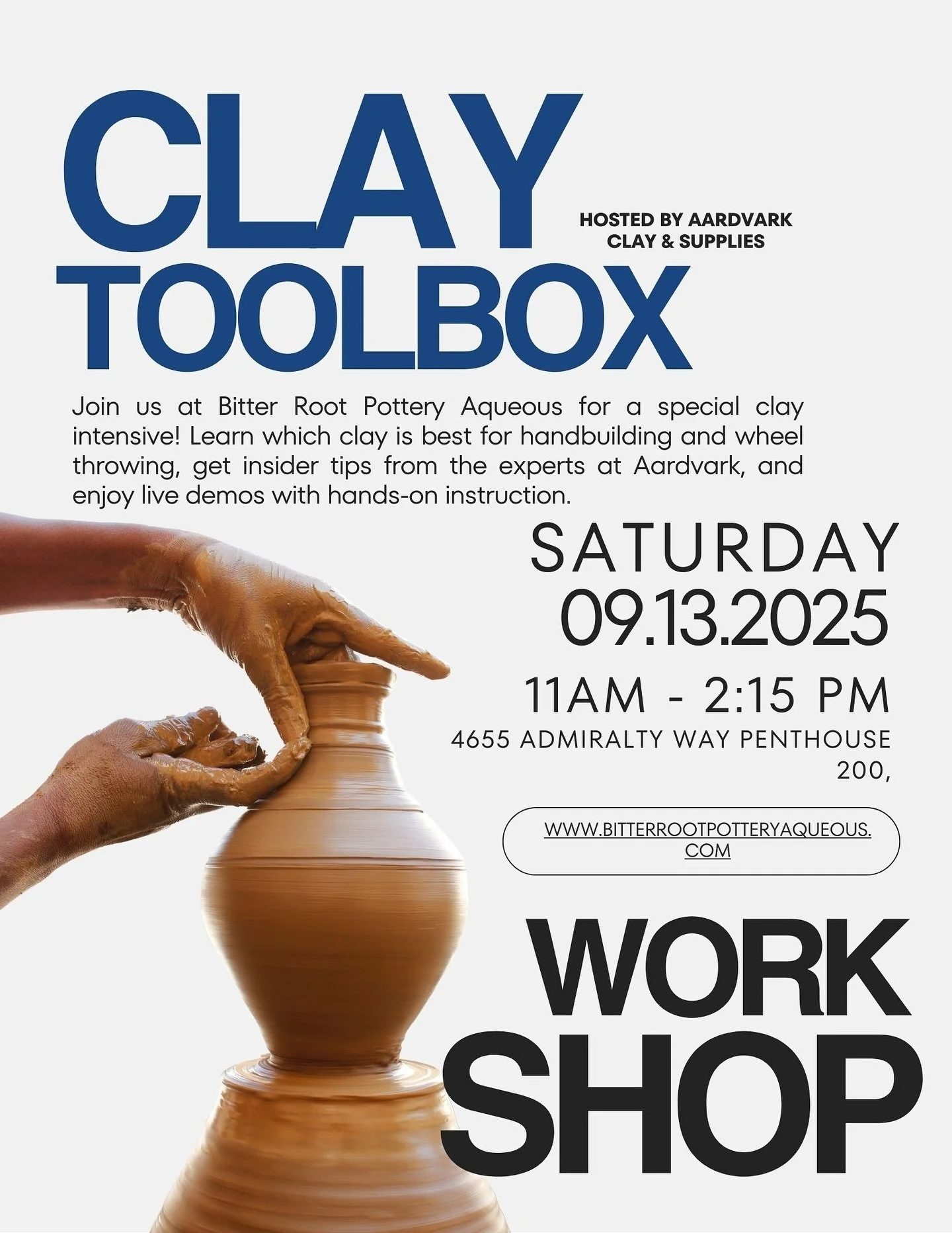 Bitter Root Pottery Aqueous is pleased to announce an upcoming Clay Toolbox Workshop, hosted by Aardvark Clay and Supplies, scheduled for September 13th from 11:00 AM to 2:15 PM.
This workshop, led by Aardvark&rsquo;s management and Clay Tech, will p