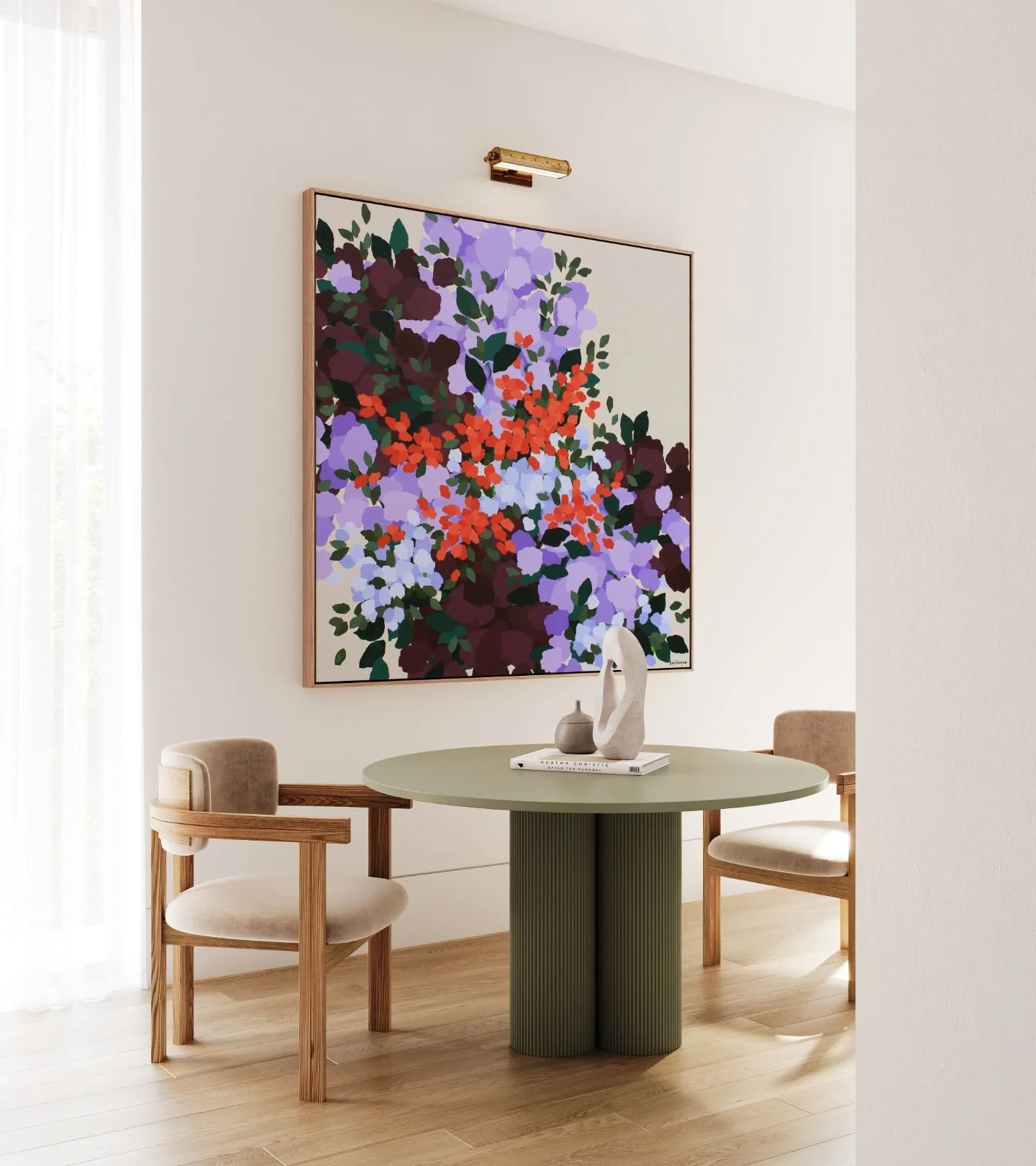 While I finish up a few paintings, varnish, name (the hardest part!), and photograph, I forgot to share this beauty, Softness in Stillness, sold a couple of months ago.

This was the biggest abstract floral I had done at 106x106. Definitely doing thi