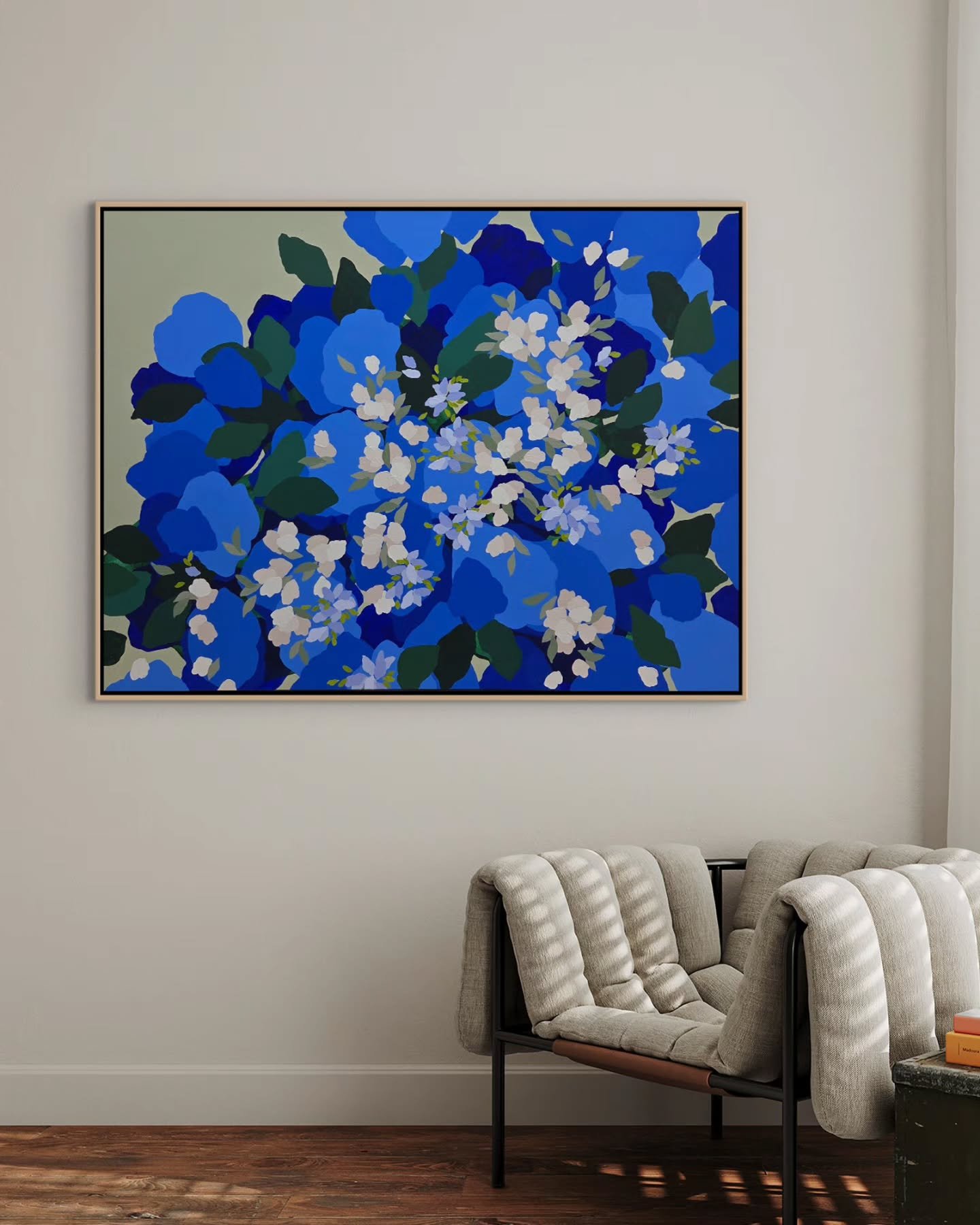 HEAD IN THE SKY ☁️ I love this painting so much! It was definitely a labour of love, and piece that took a long time to paint because I wanted to keep it simple without being boring. I wanted it to be light and airy, blues and whites, but still have 