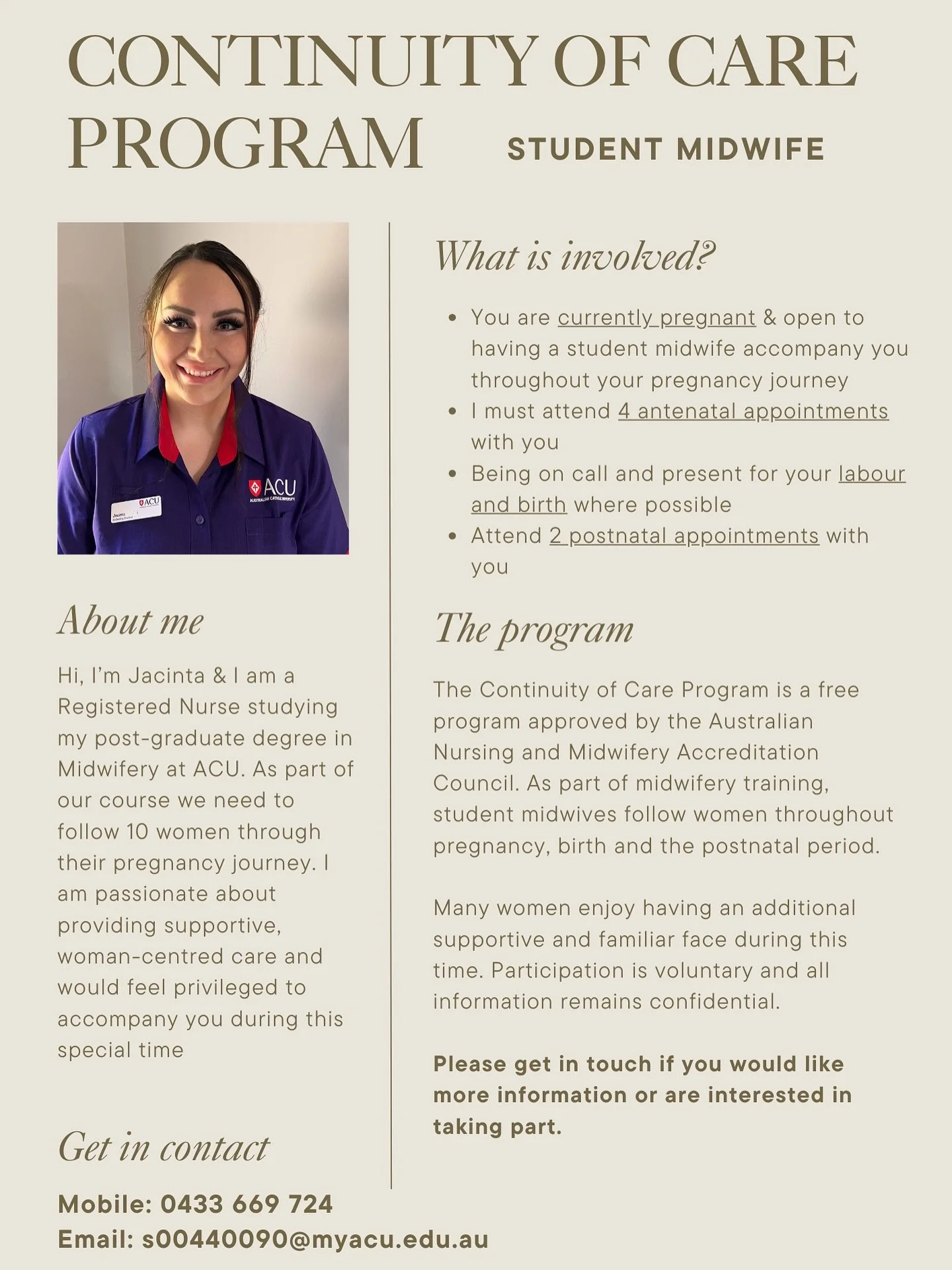 Hi everyone 🤍 I&rsquo;m currently studying my Postgraduate of Midwifery and am looking for pregnant women who may be interested in participating in my Continuity of Care program.

This involves me attending a few antenatal appointments, being presen