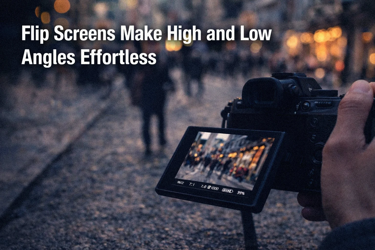 Flip Screens Make High and Low Angles Effortless: an image of a camera with a flipscreen.