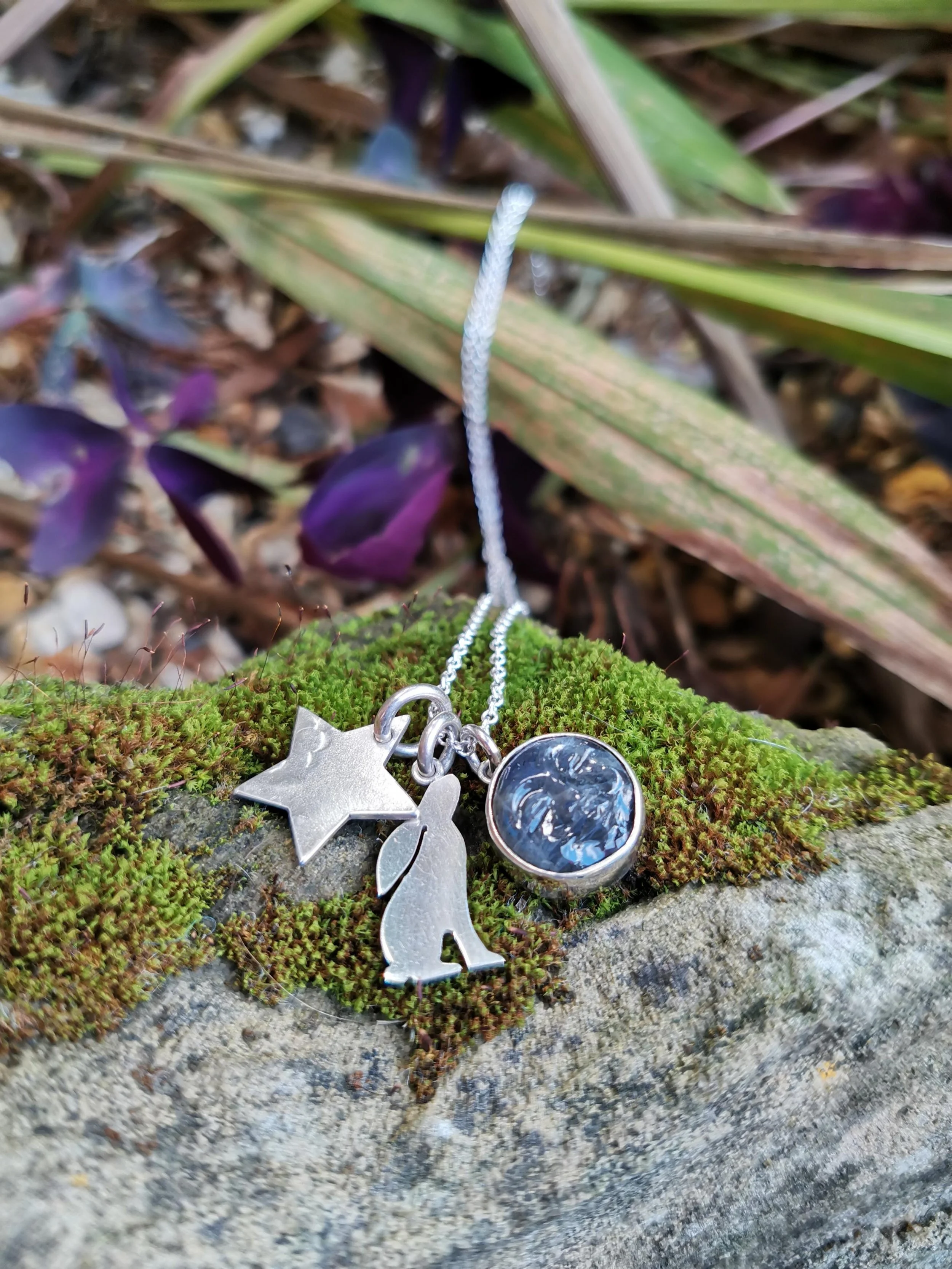 Labradorite Moon, Star and hare pendant cluster