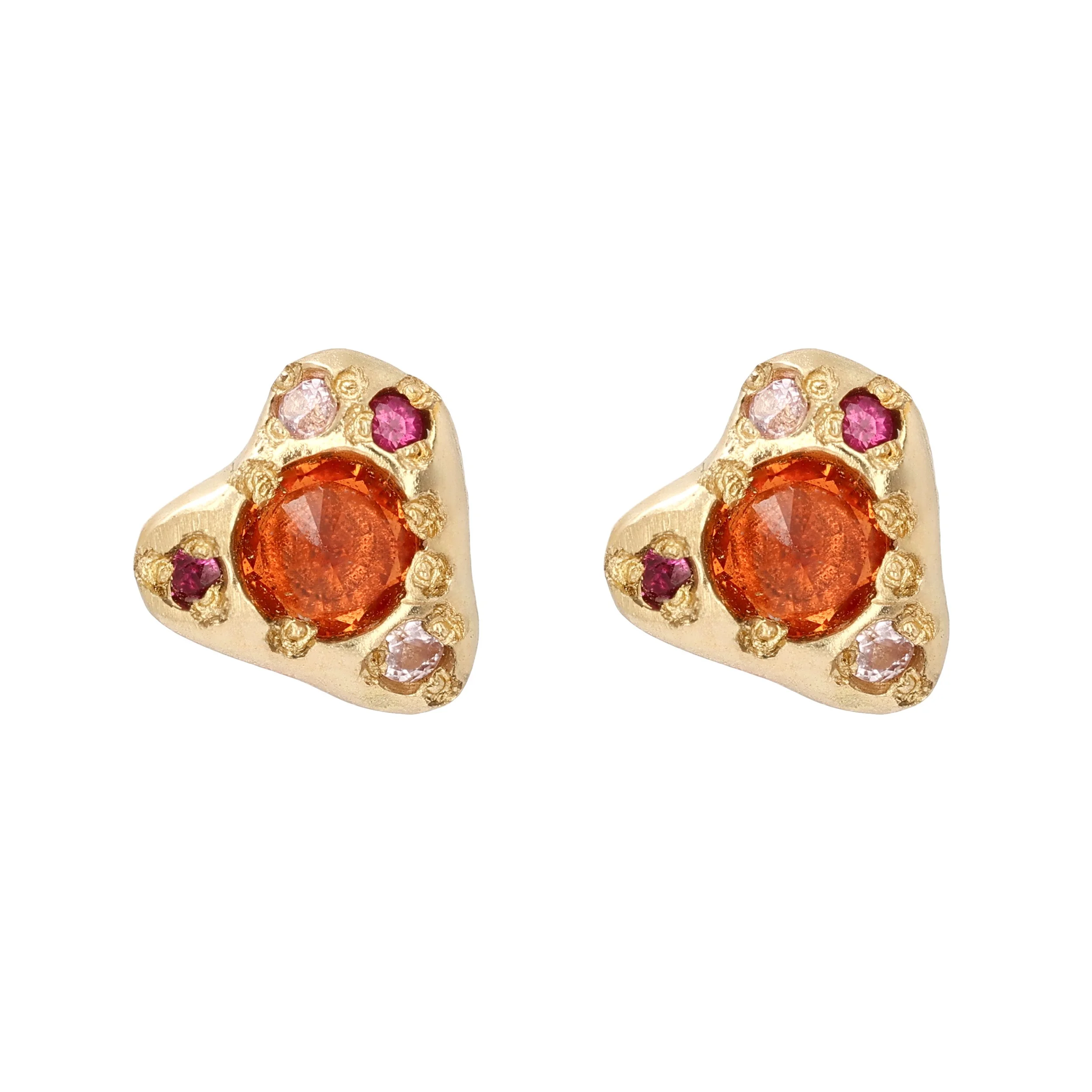 Mars studs round - a pair of irregular gold stud earrings with pink sand orange sapphires