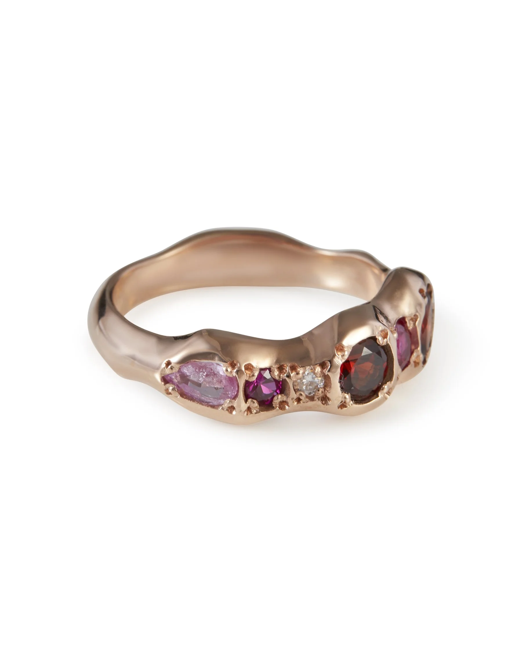 Angled view of the Red Pointer Ring featuring garnet, pink sapphire and moissanite in 9ct red gold..jpg