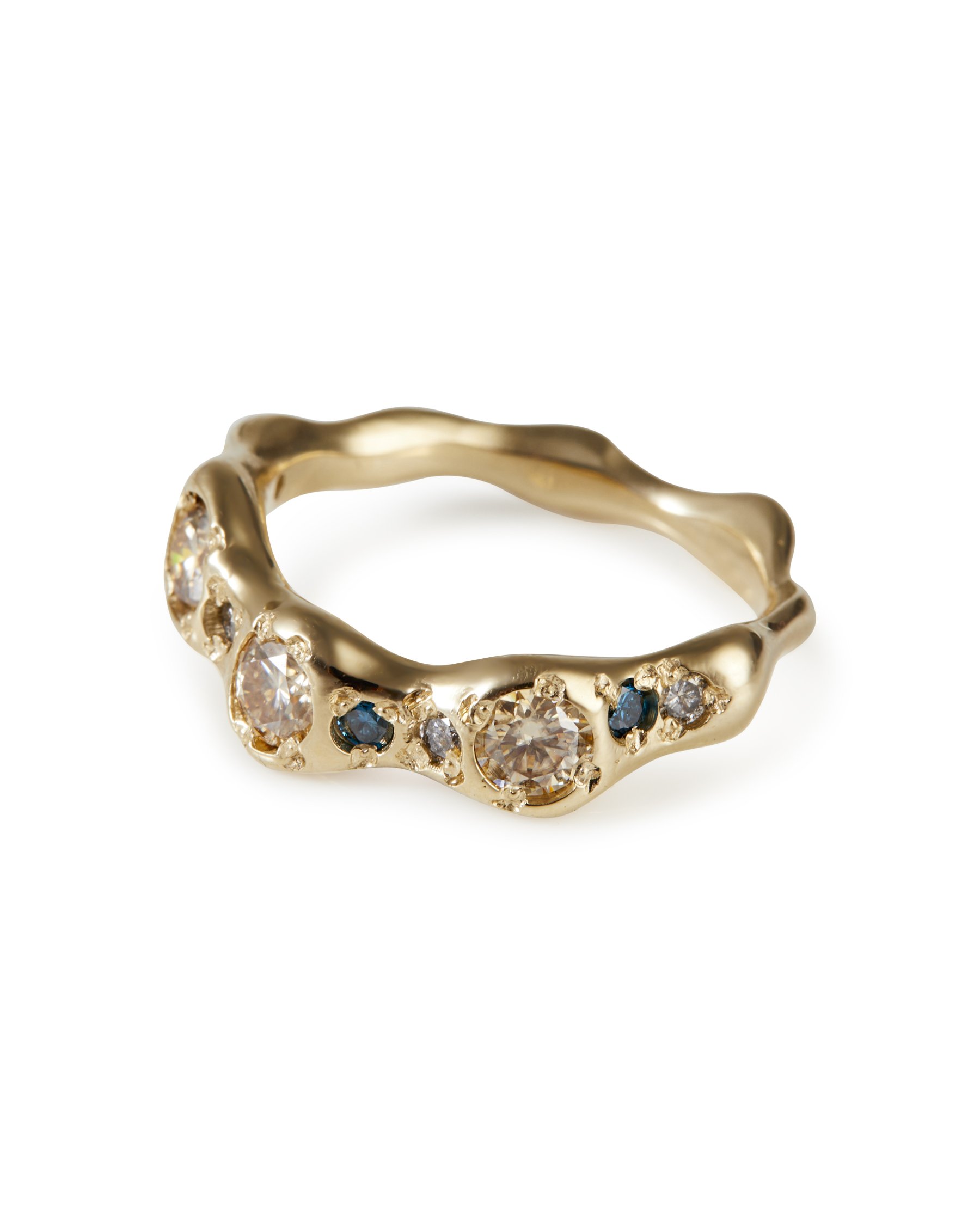 A molten organic band with brown moissanite and blue and grey diamonds - side view