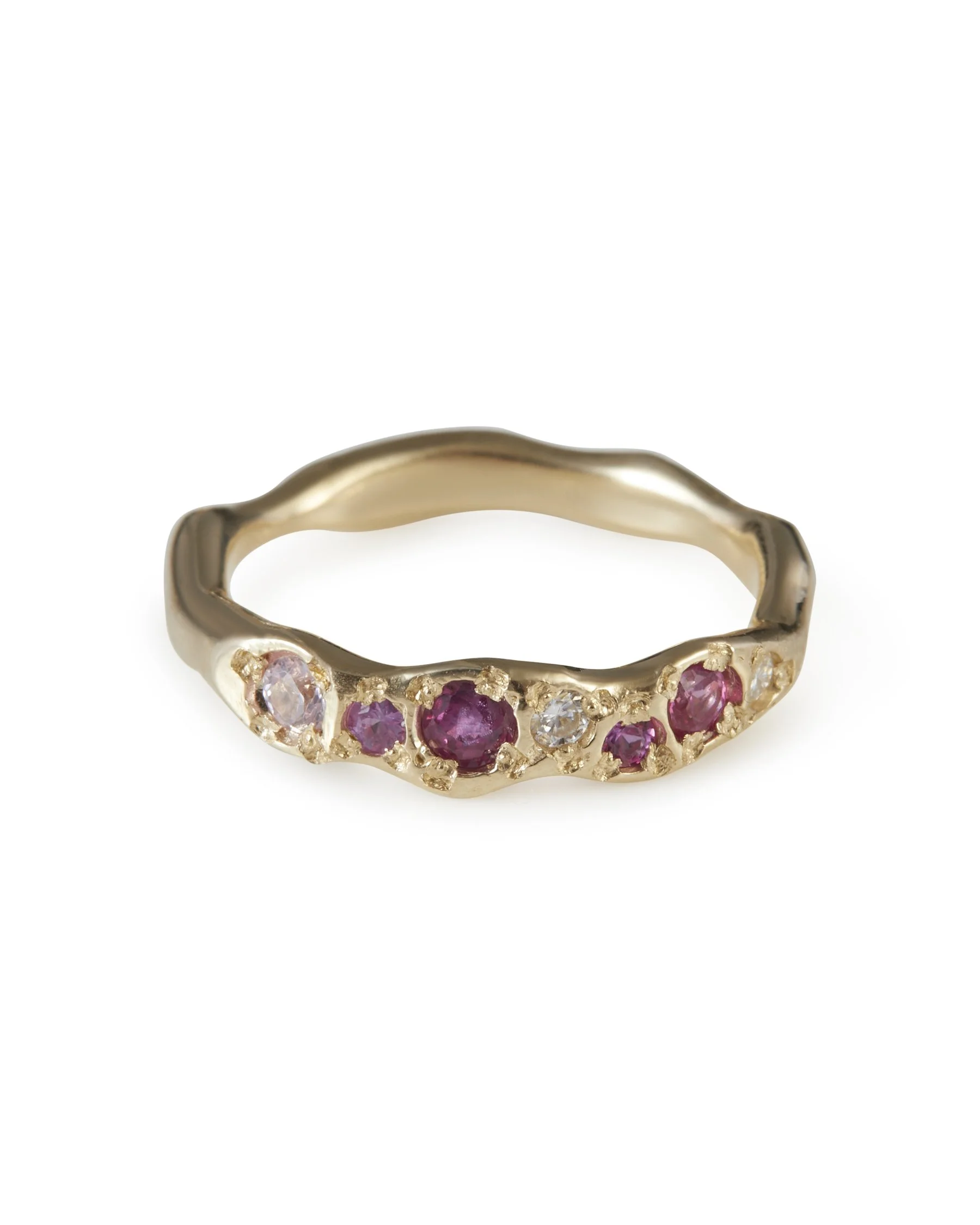 July Colne Ring in 9ct yellow gold with pink sapphire and lab grown moissanite gemstones.