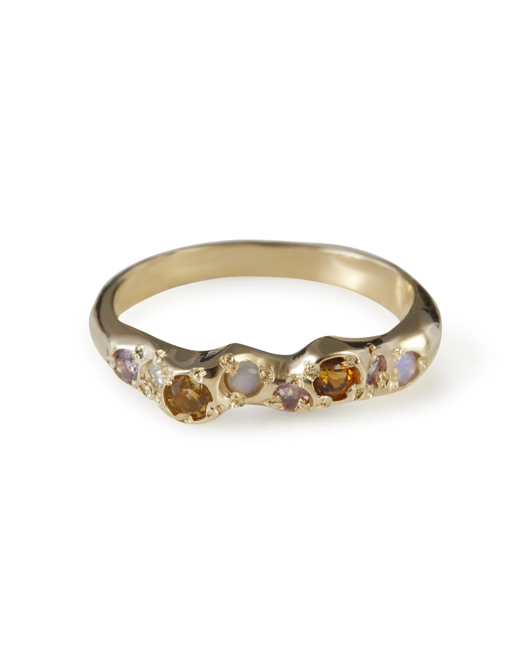 Springtime Mini Band in 9ct yellow gold with citrine, opal, pink sapphire and lab grown moissanite gemstones.