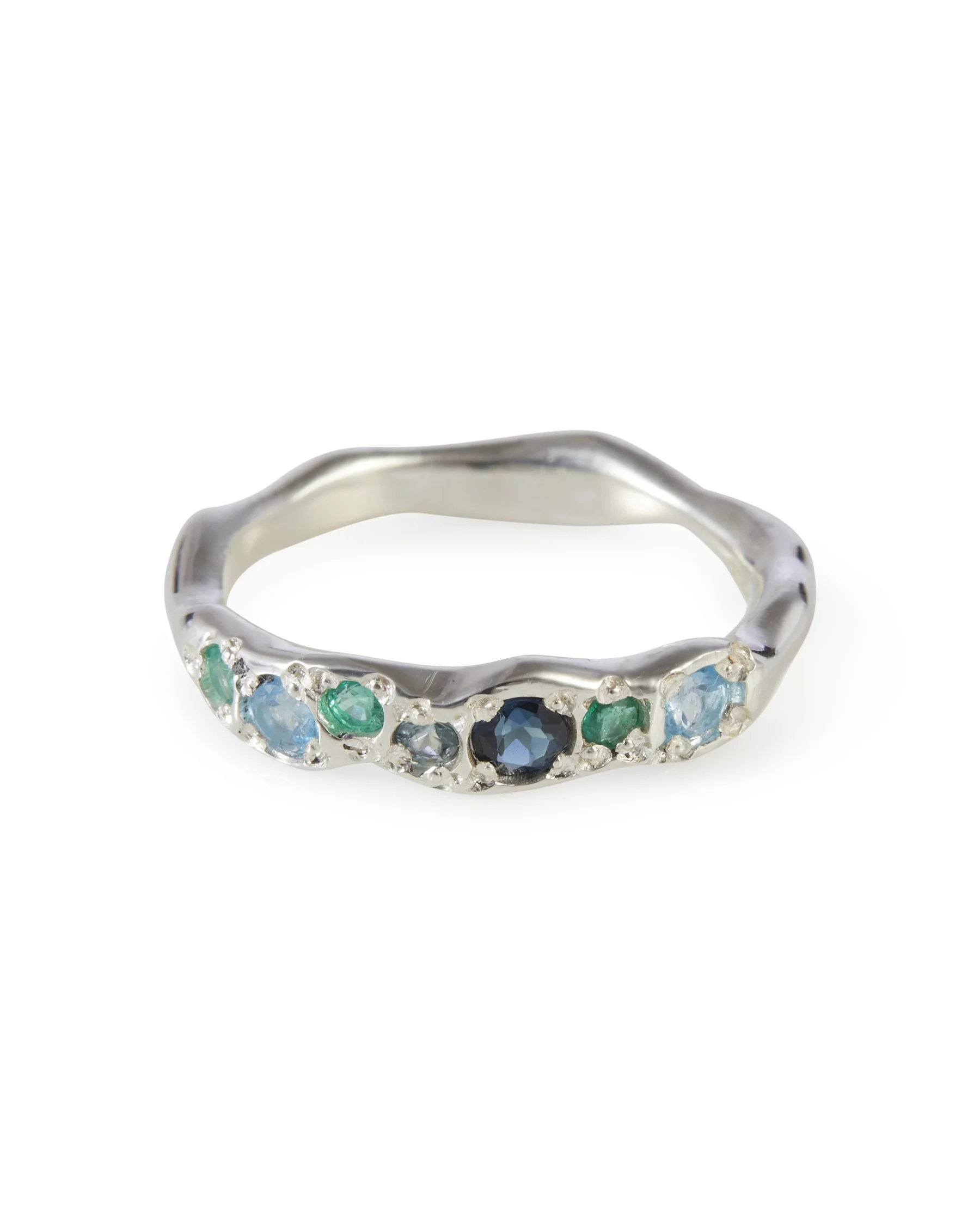 Menthe Colne Ring in sterling silver with blue tourmaline, blue topaz and lab grown emerald gemstones.