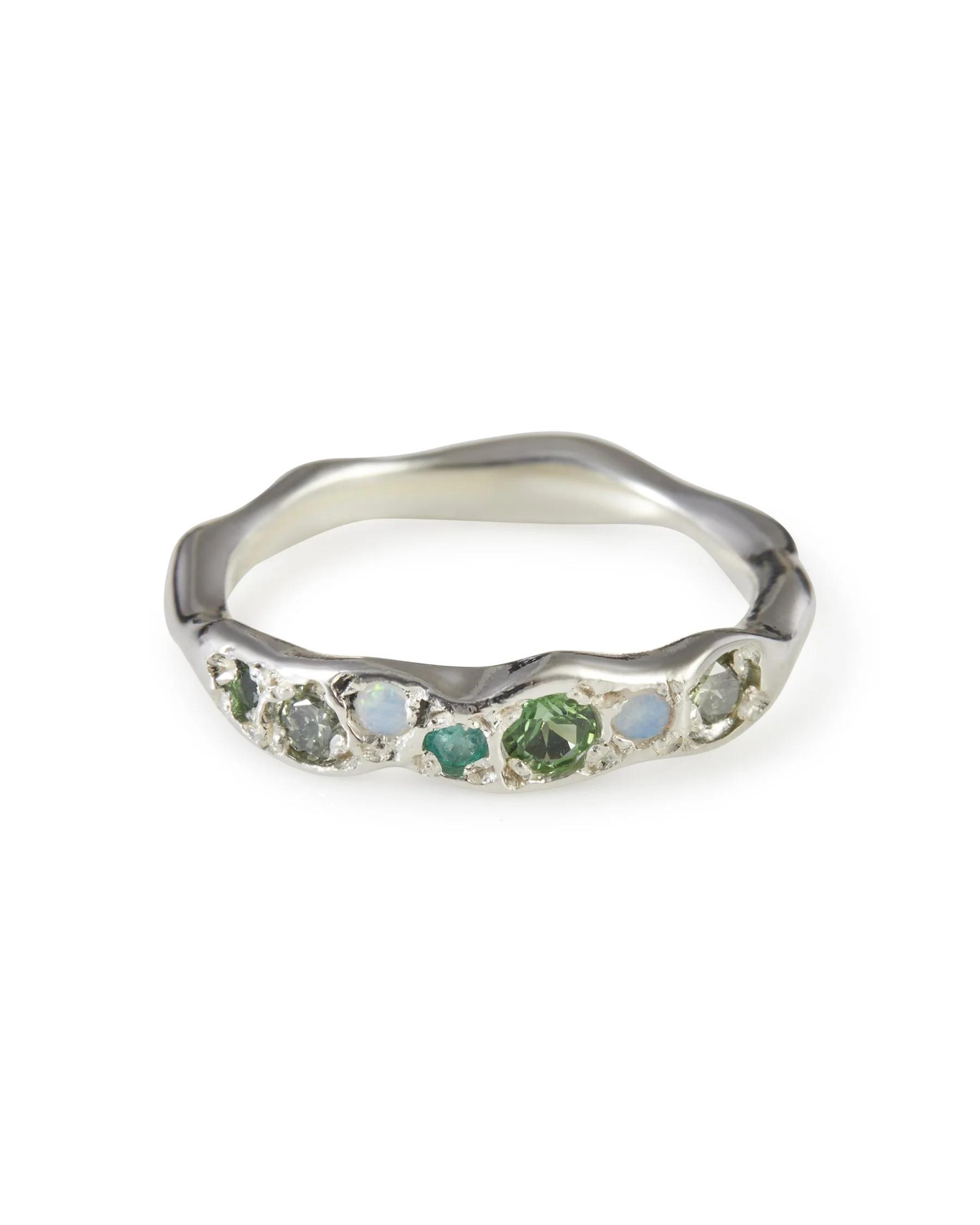 Moss Colne Ring in sterling silver with green diamond, opal, chrome tourmaline and tsavorite garnet gemstones.