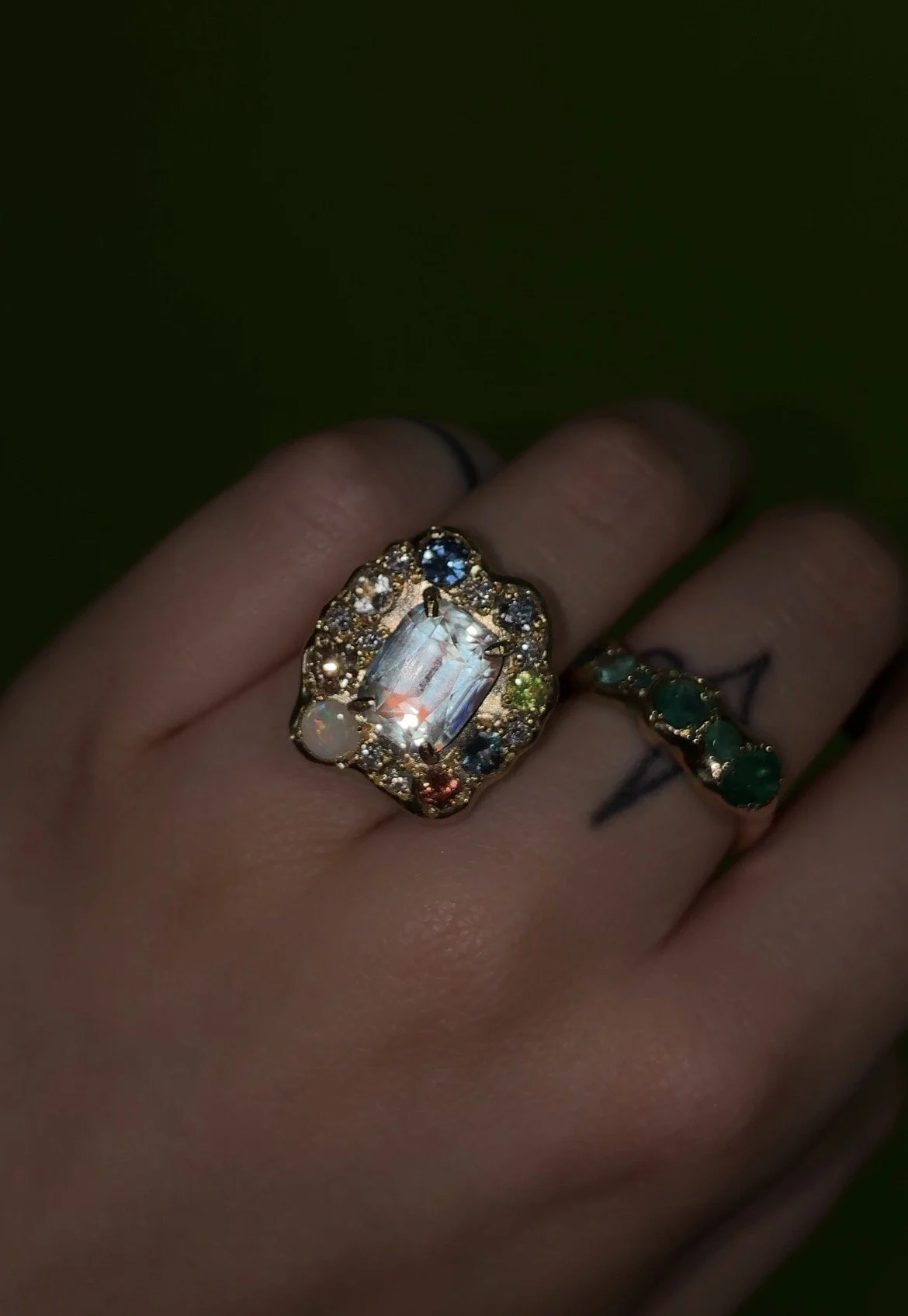 Lunar Cluster - A colourful cluster ring inspired by the solar system in 18ct yellow gold and platinum