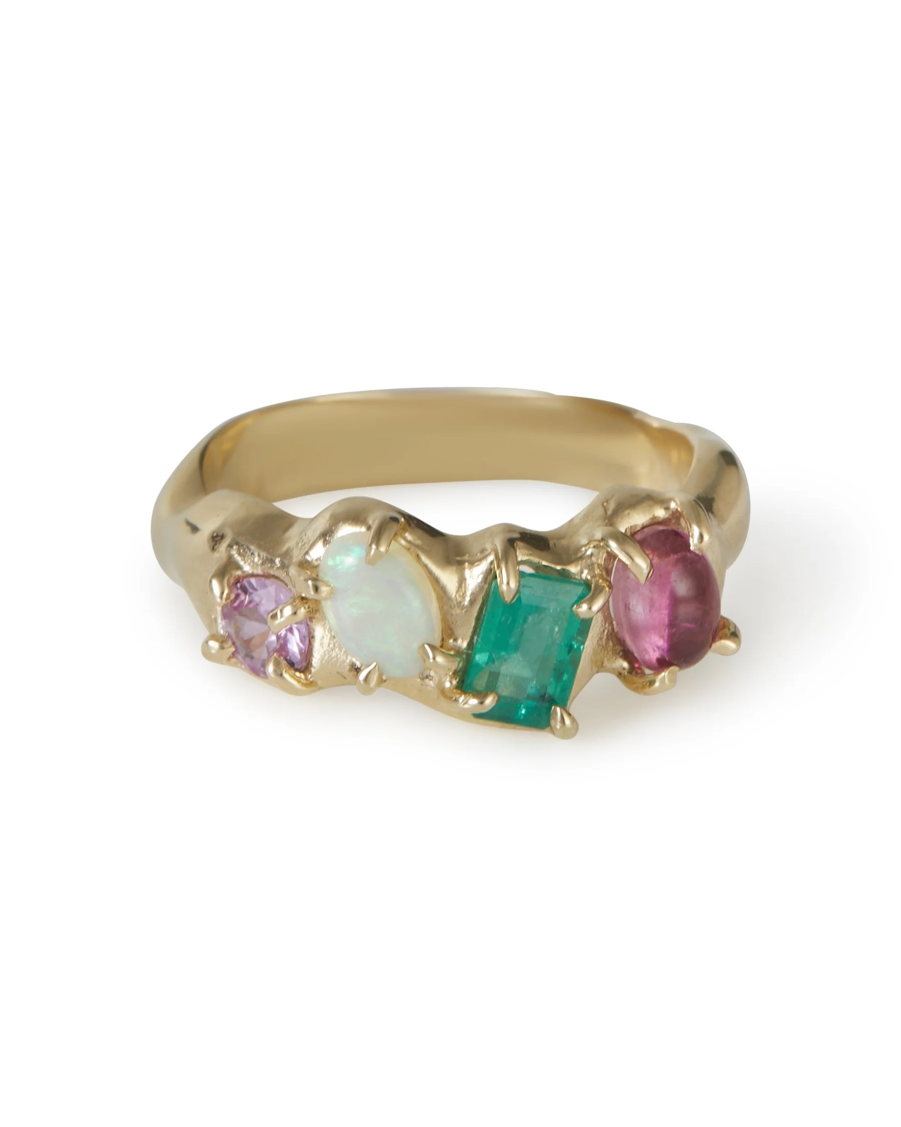 A 4 stone claw set ring that is molten with pink and green stones and opal