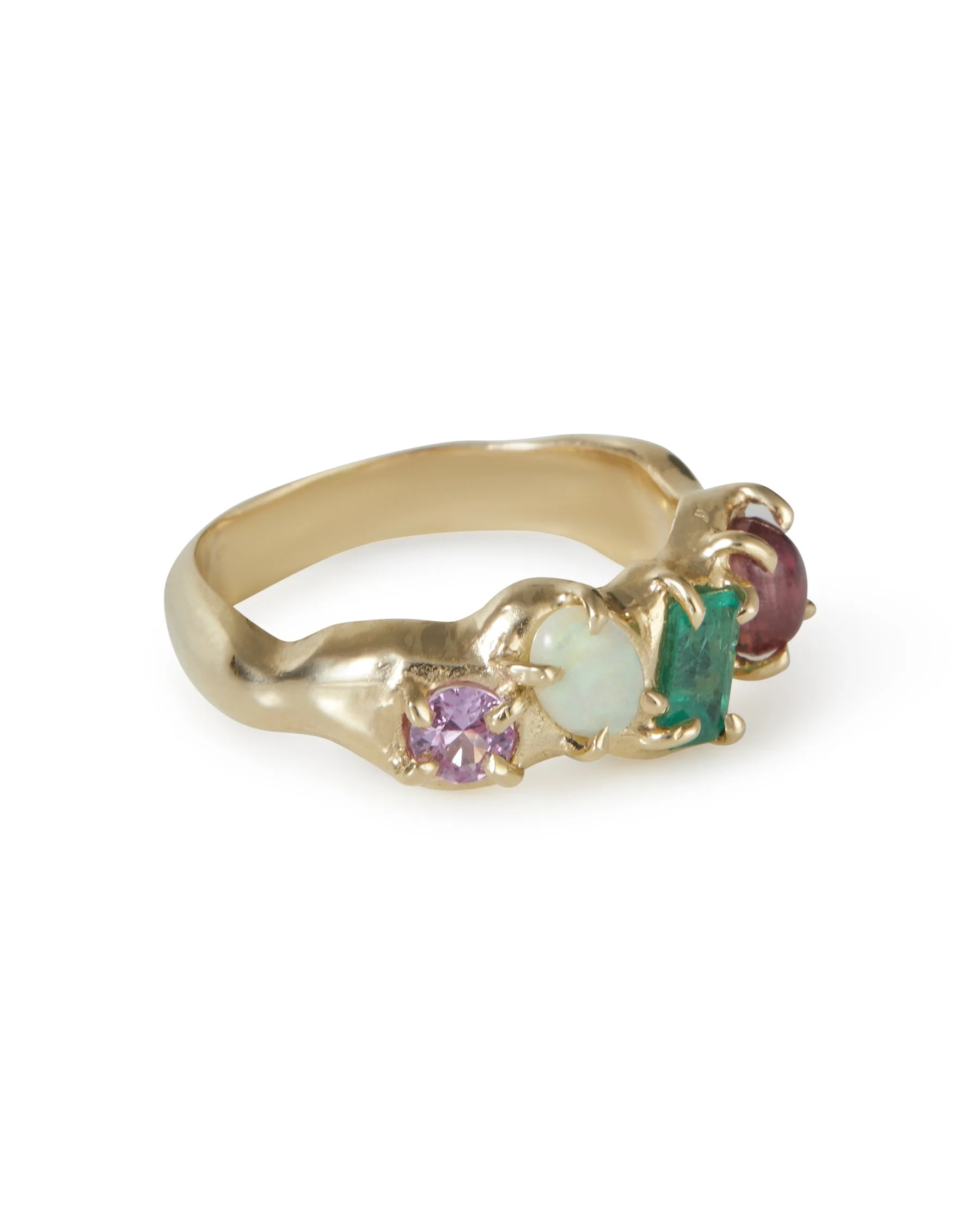 A 4 stone claw set ring that is molten with pink and green stones and opal