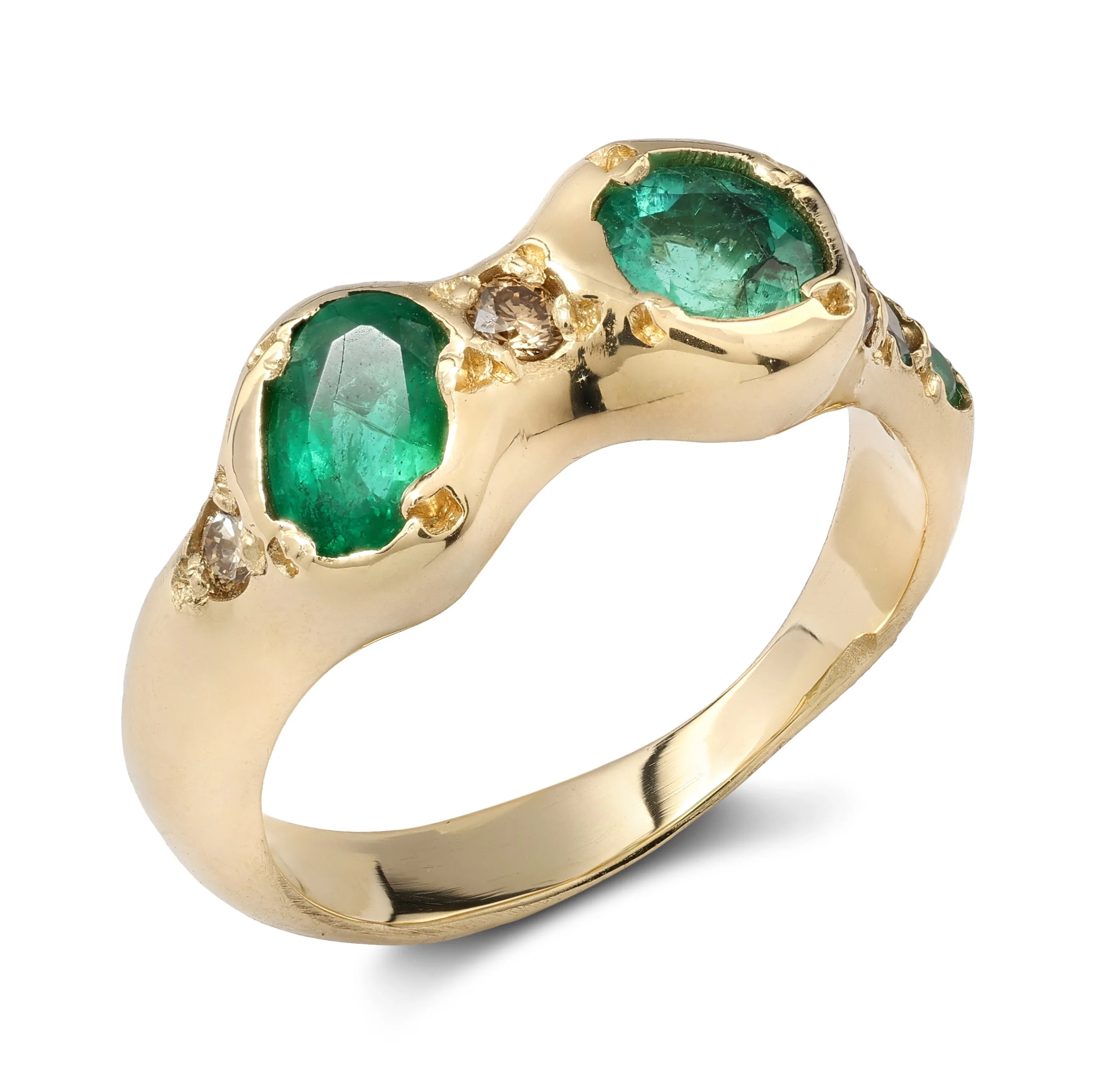Jupiter Gold Band - a gold band with emeralds and brown diamonds