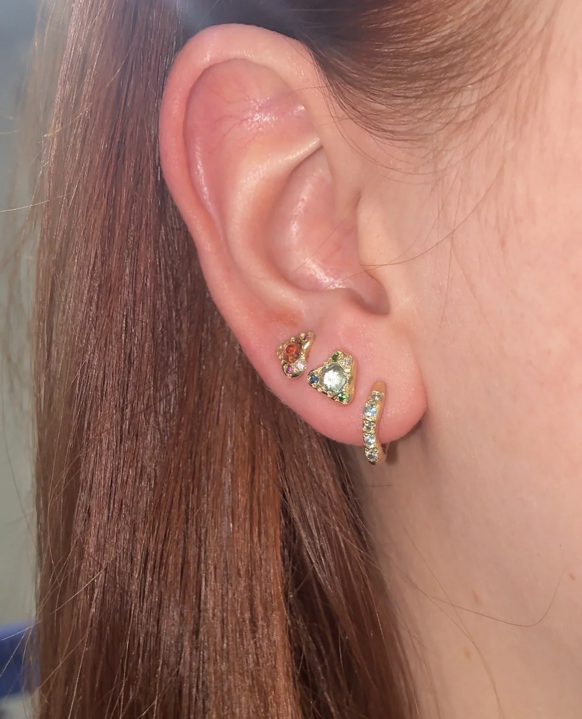 Uranus clicker hoops - gold hoops with salt and pepper diamonds and aquamarine