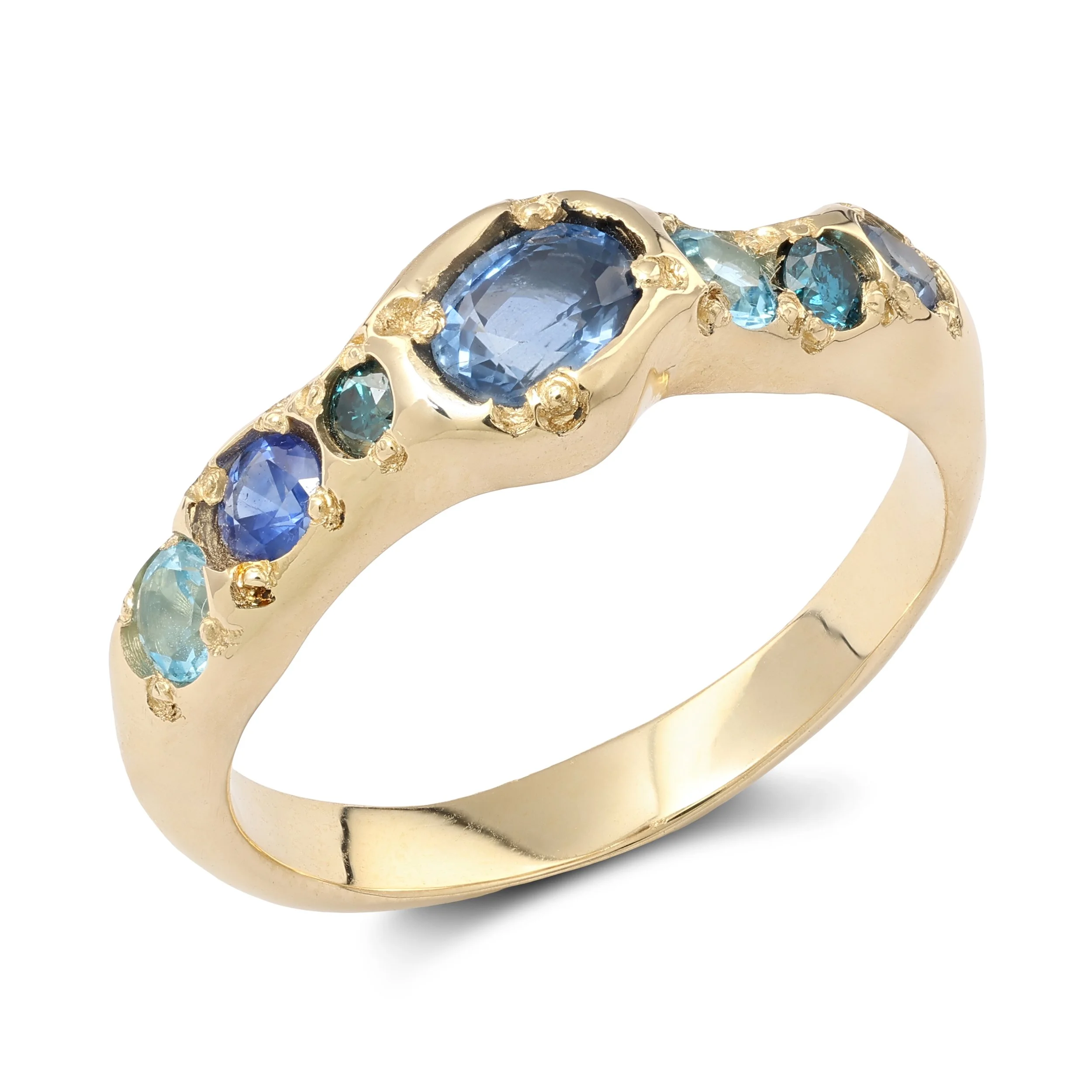 Neptune band gold - A gold molten band with blue diamonds, topaz and sapphire