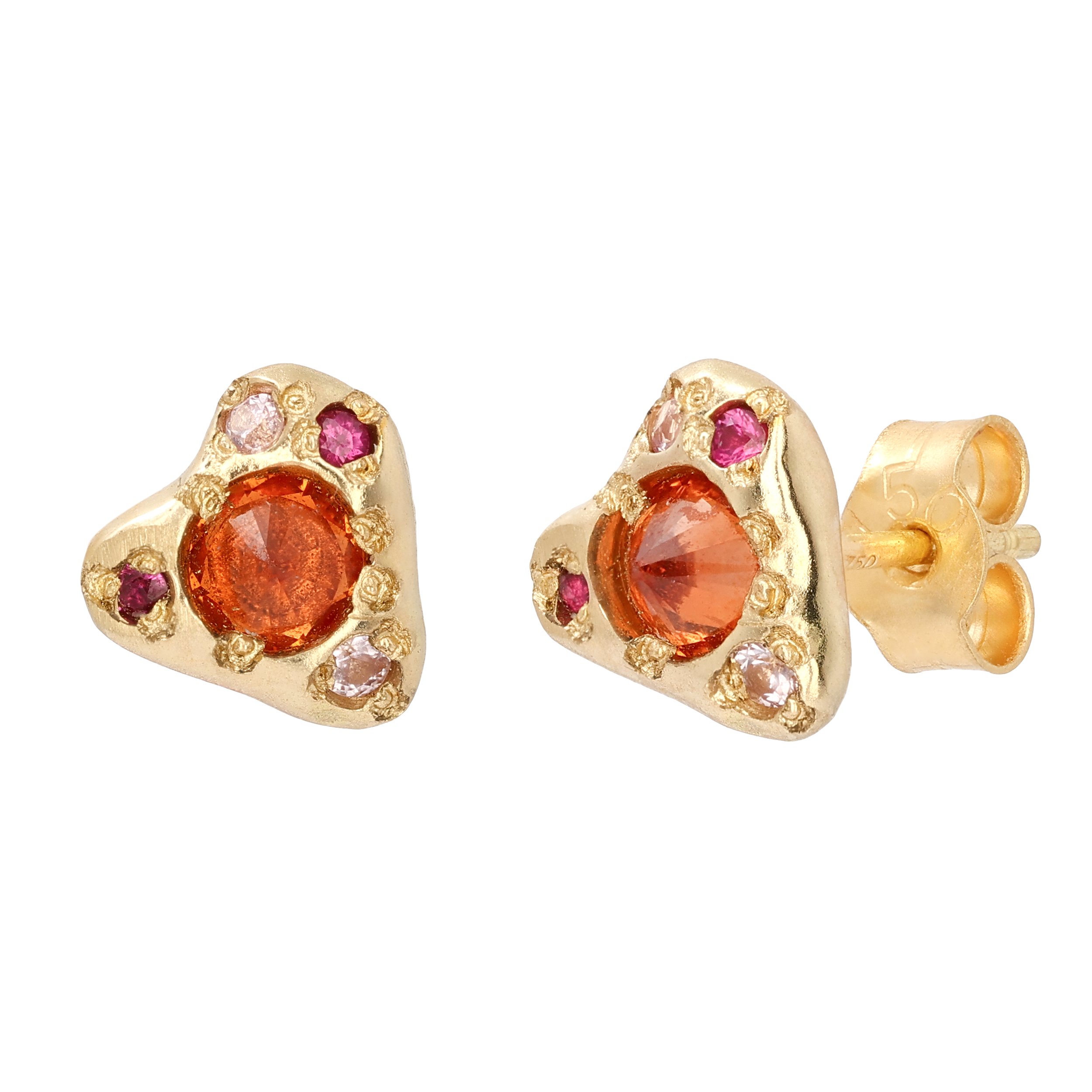 Mars studs round - a pair of irregular gold stud earrings with pink sand orange sapphires