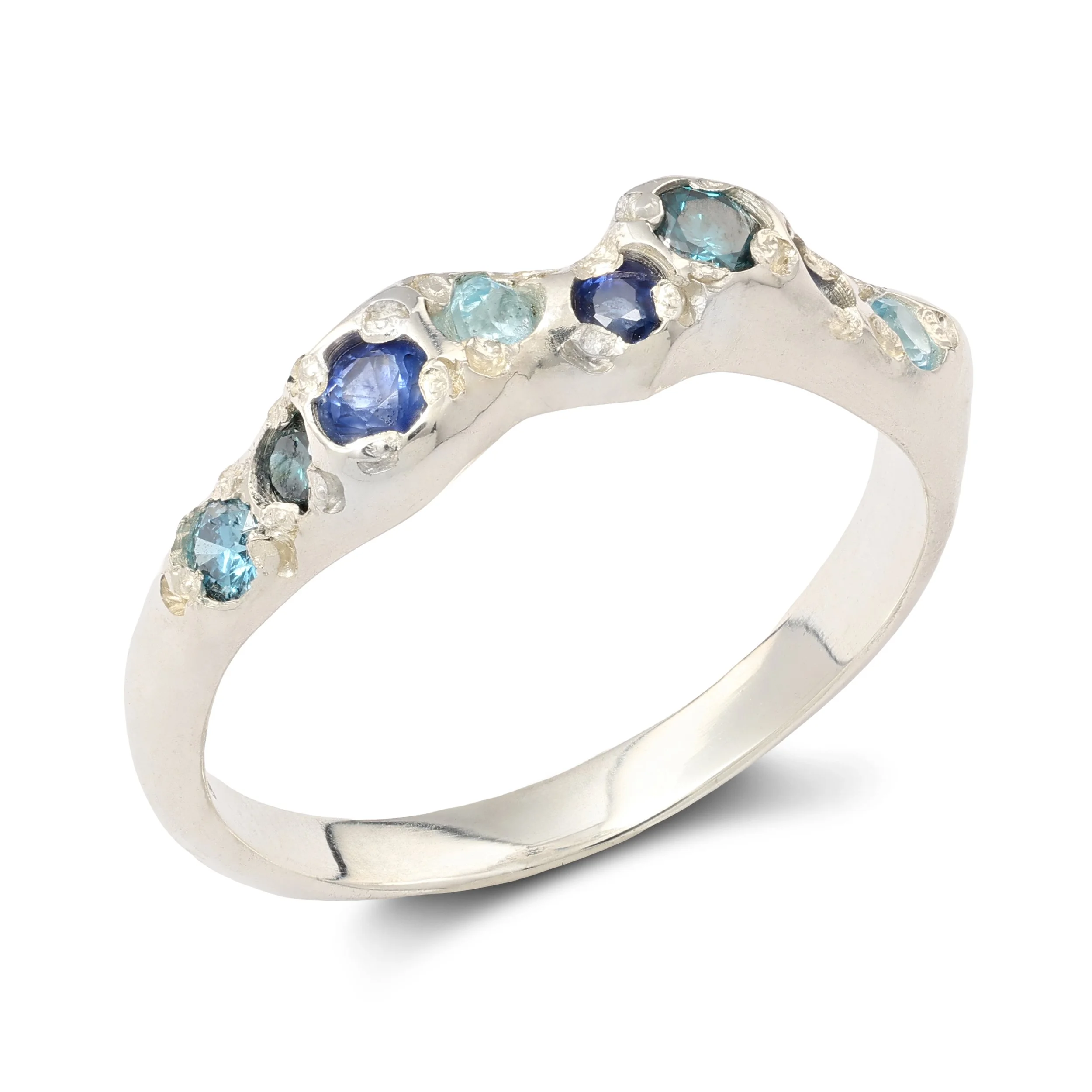 Neptune band silver - A silver molten band with blue topaz, blue diamonds and blue sapphire